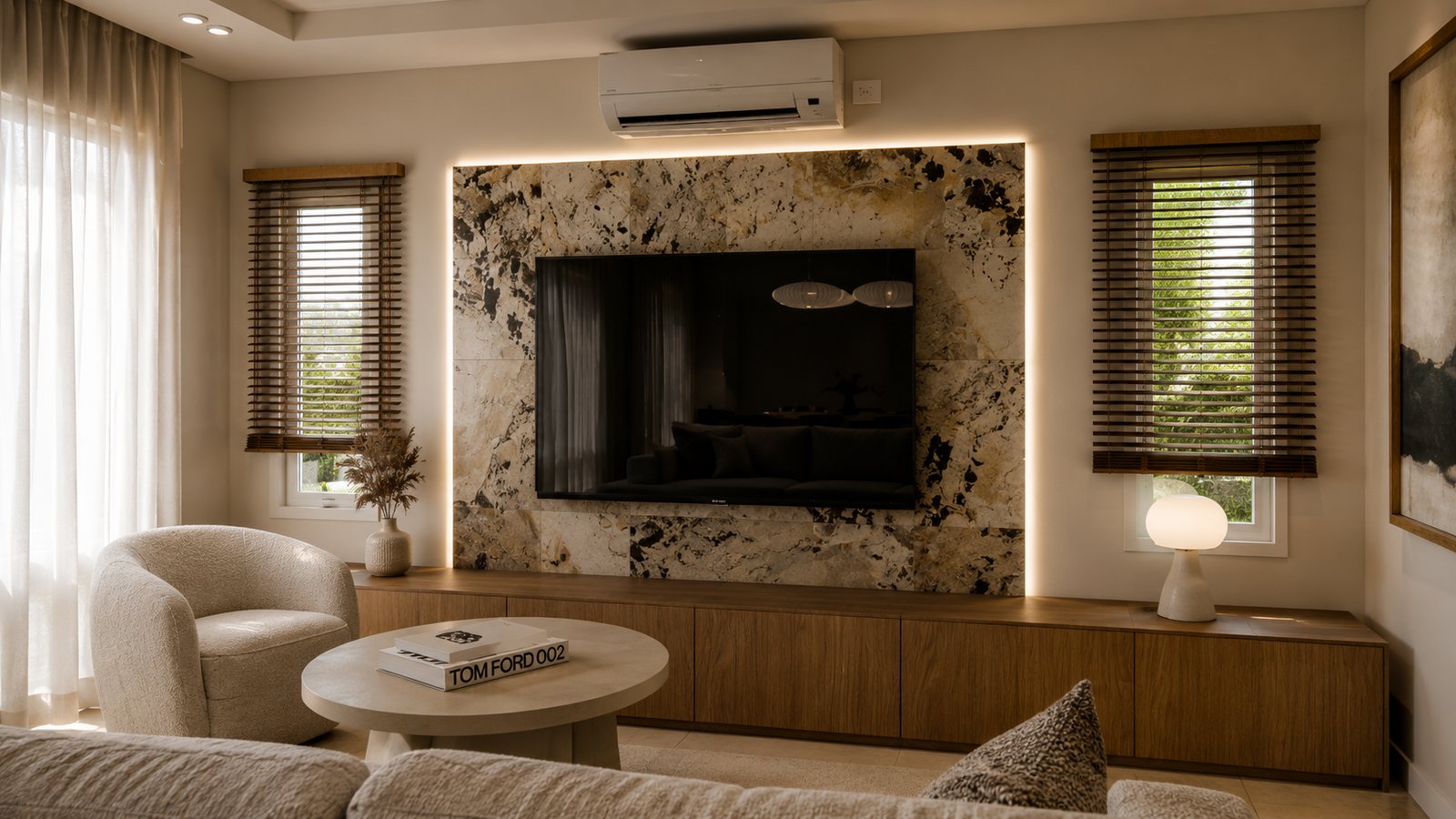 Sala de estar moderna con pared de piedra texturizada y tv — proyecto Diseño de casa estilo japandi, por Mela Deco Design, en Belén de Escobar