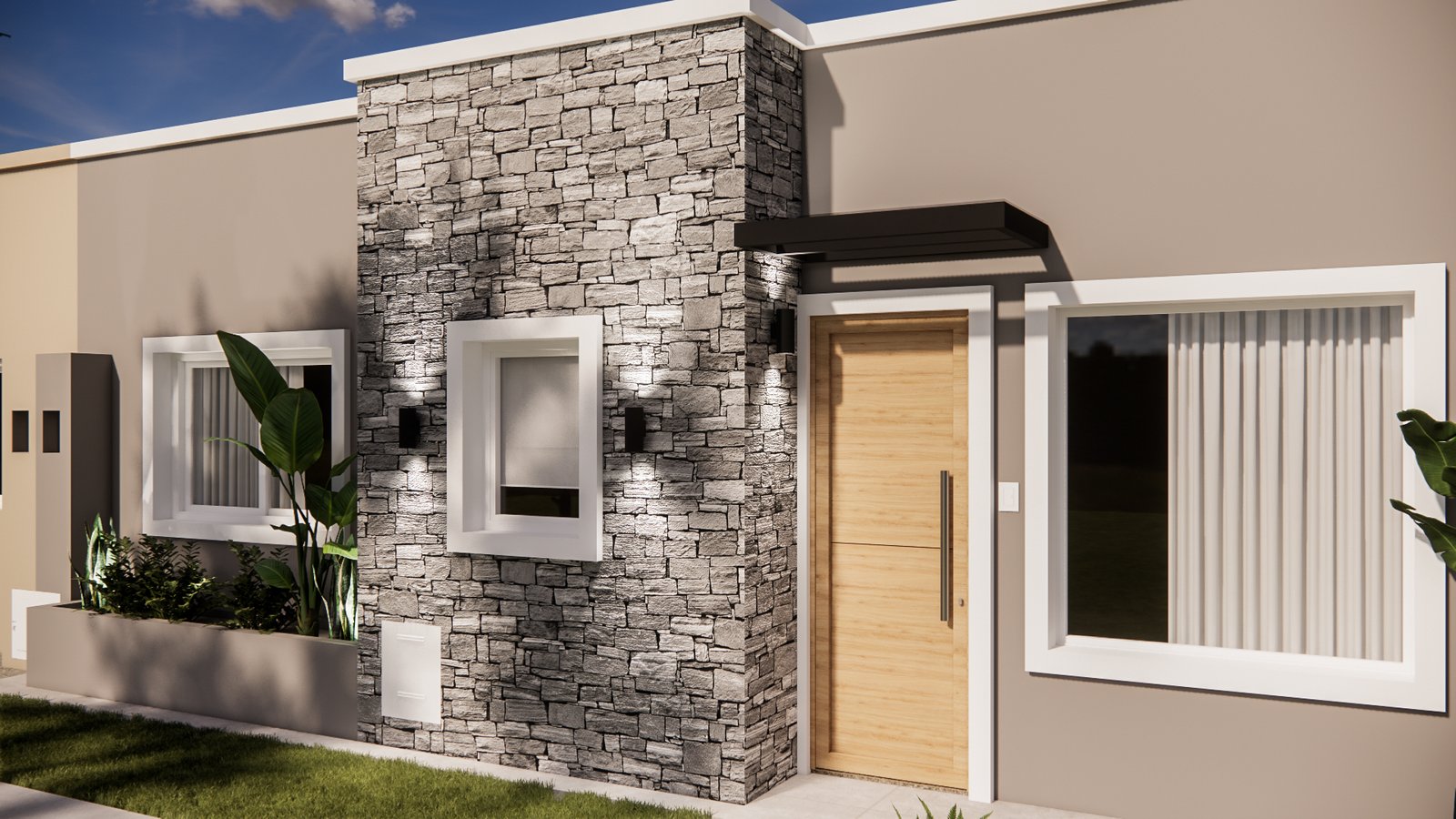 Fachada moderna de casa con piedra gris y puerta de madera — proyecto Diseño moderno de fachada, por Mela Deco Design, en Buenos Aires