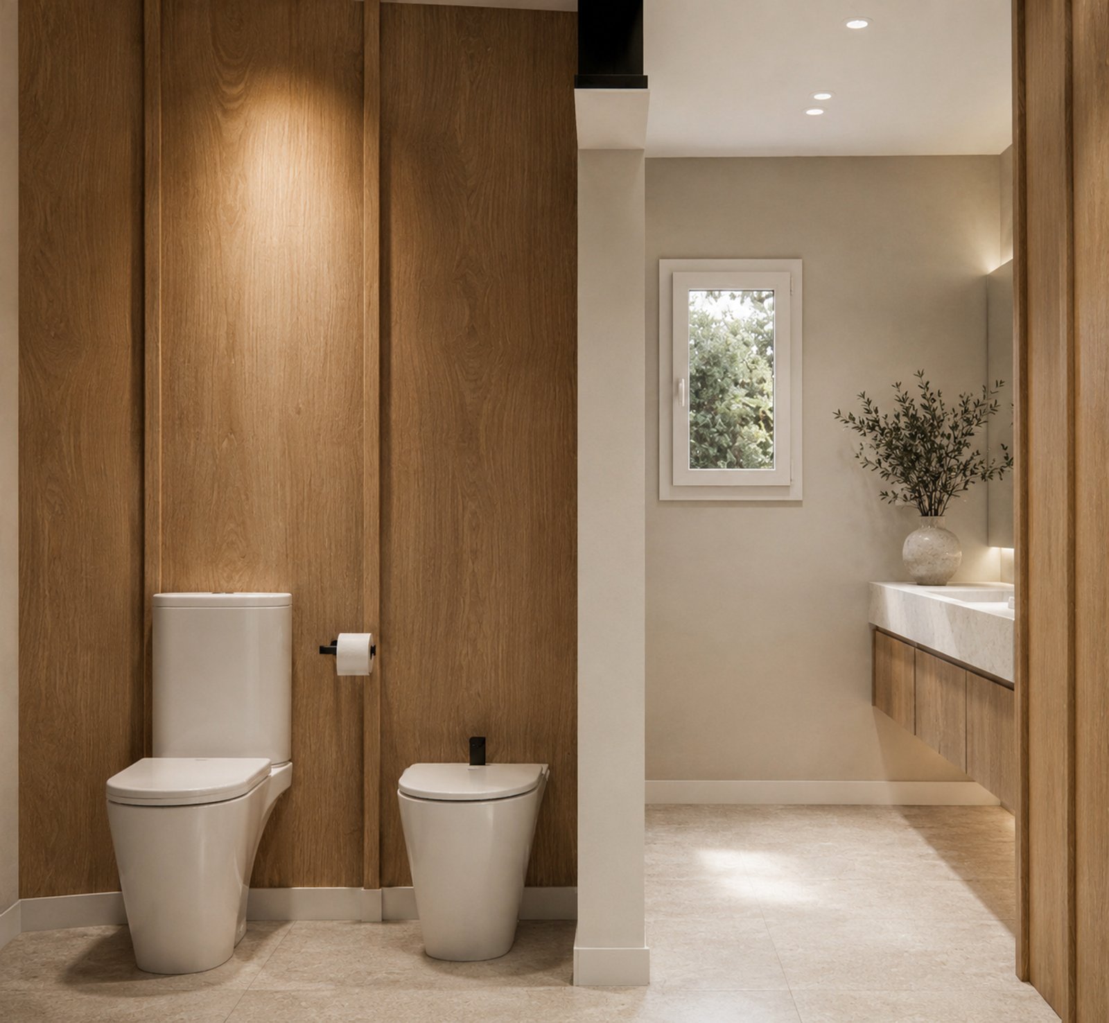 Baño moderno con revestimiento de madera y sanitarios colgantes — proyecto Diseño de casa estilo japandi, por Mela Deco Design, en Belén de Escobar