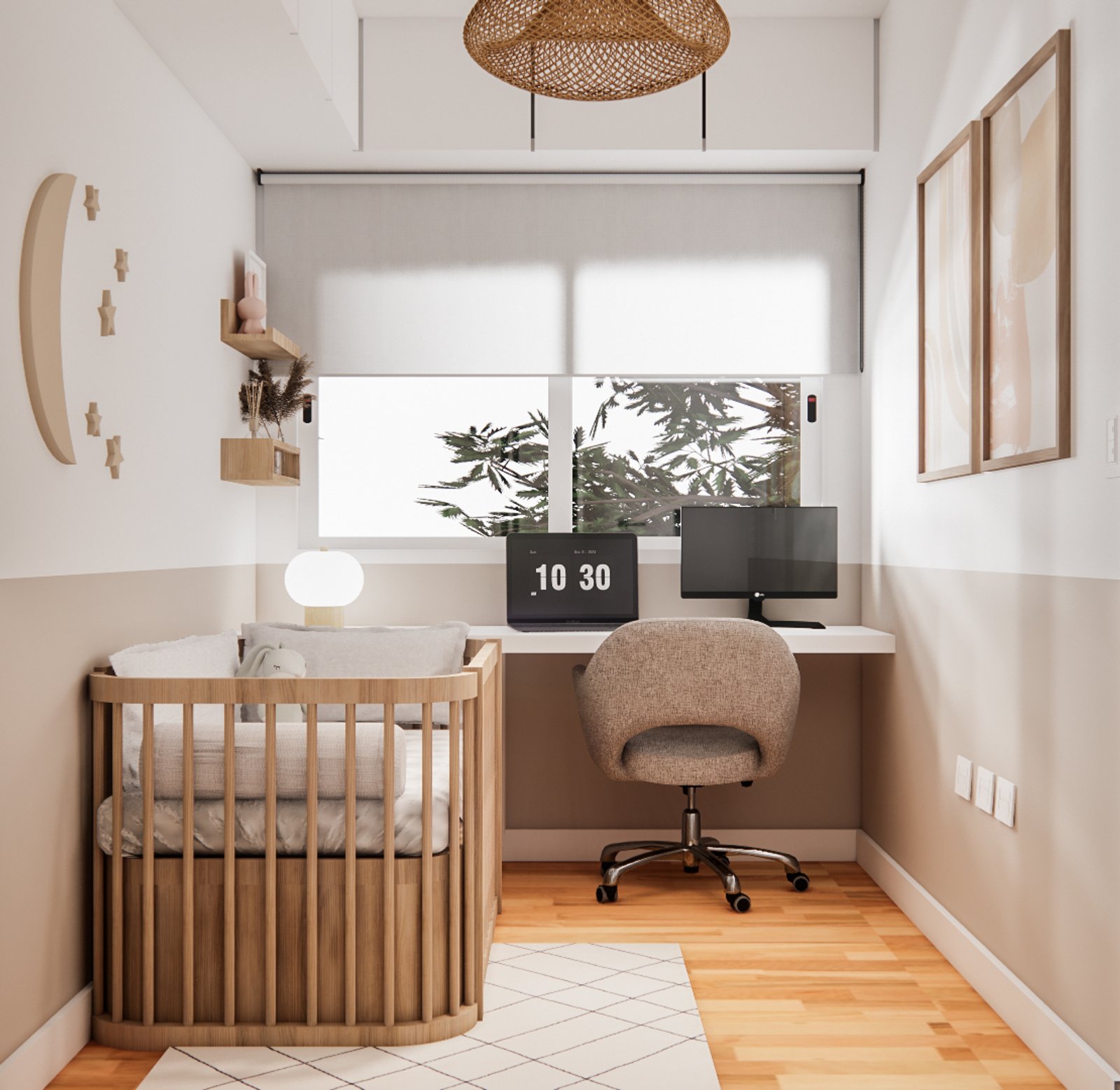 Dormitorio escandinavo con cuna redonda de madera y escritorio — proyecto Dormitorio de bebé y homeoffice, por Mela Deco Design, en Buenos Aires