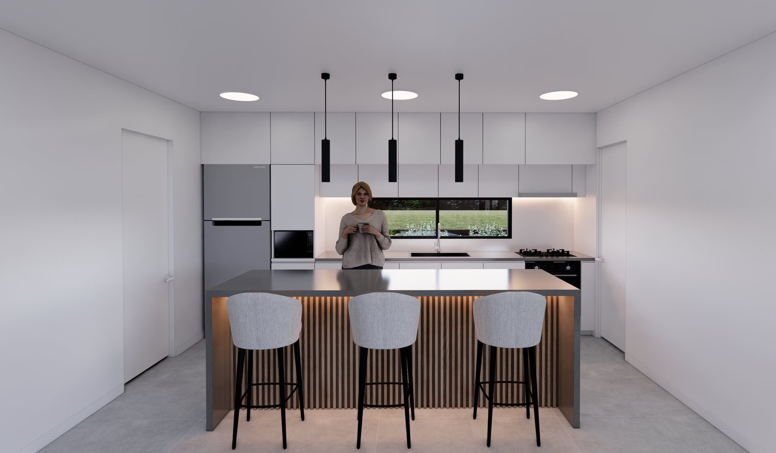 Cocina moderna y abierta con isla, iluminación sutil y detalles nórdicos — proyecto Proyecto Z, por WILSON ARQUITECTURA, en Pilar
