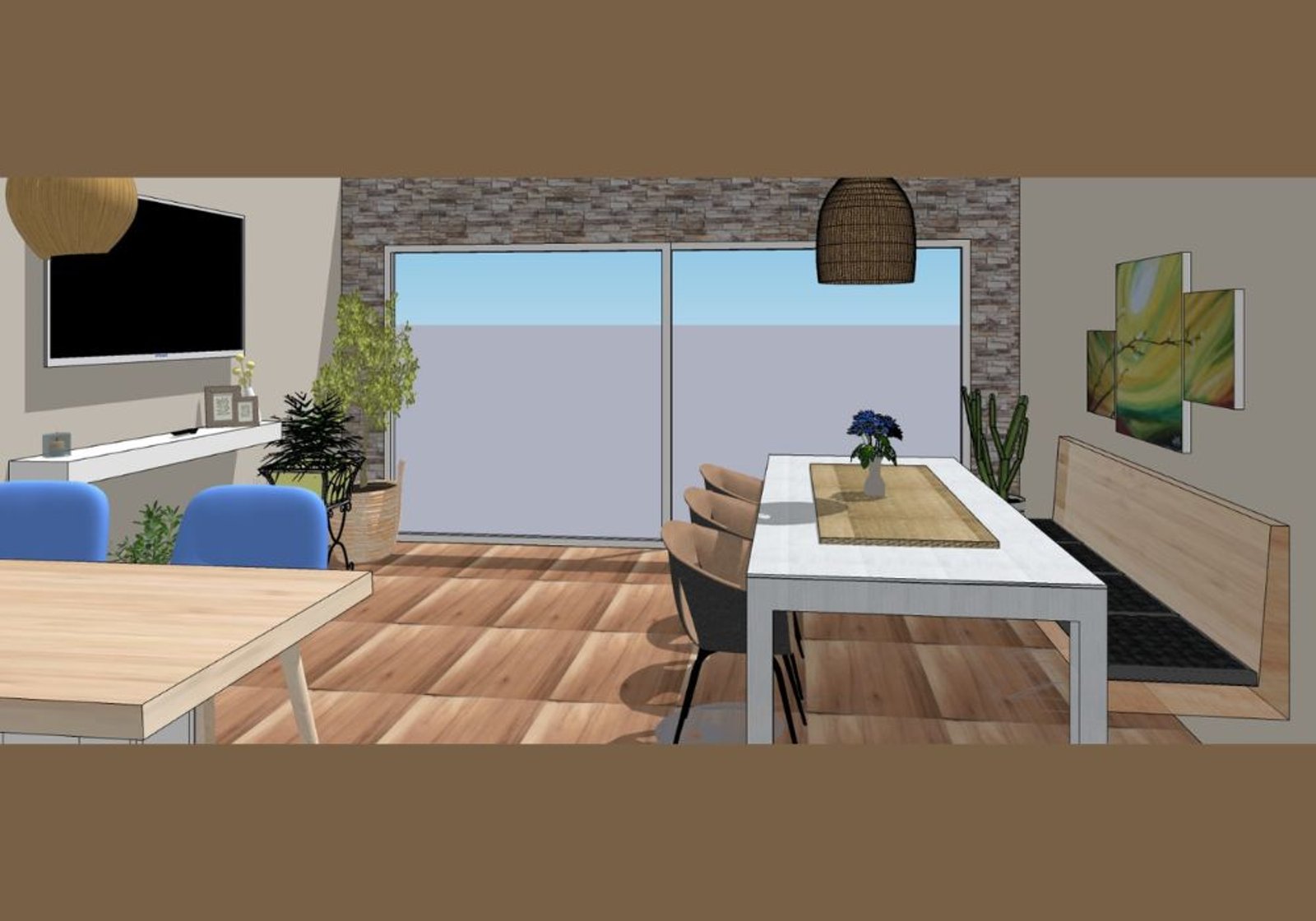 Sala de jantar e estar moderna com janelas amplas e parede de pedra — projeto Cocina Comedor Integrada, por FA DISEÑO Y AMBIENTACION, em Bahía Blanca
