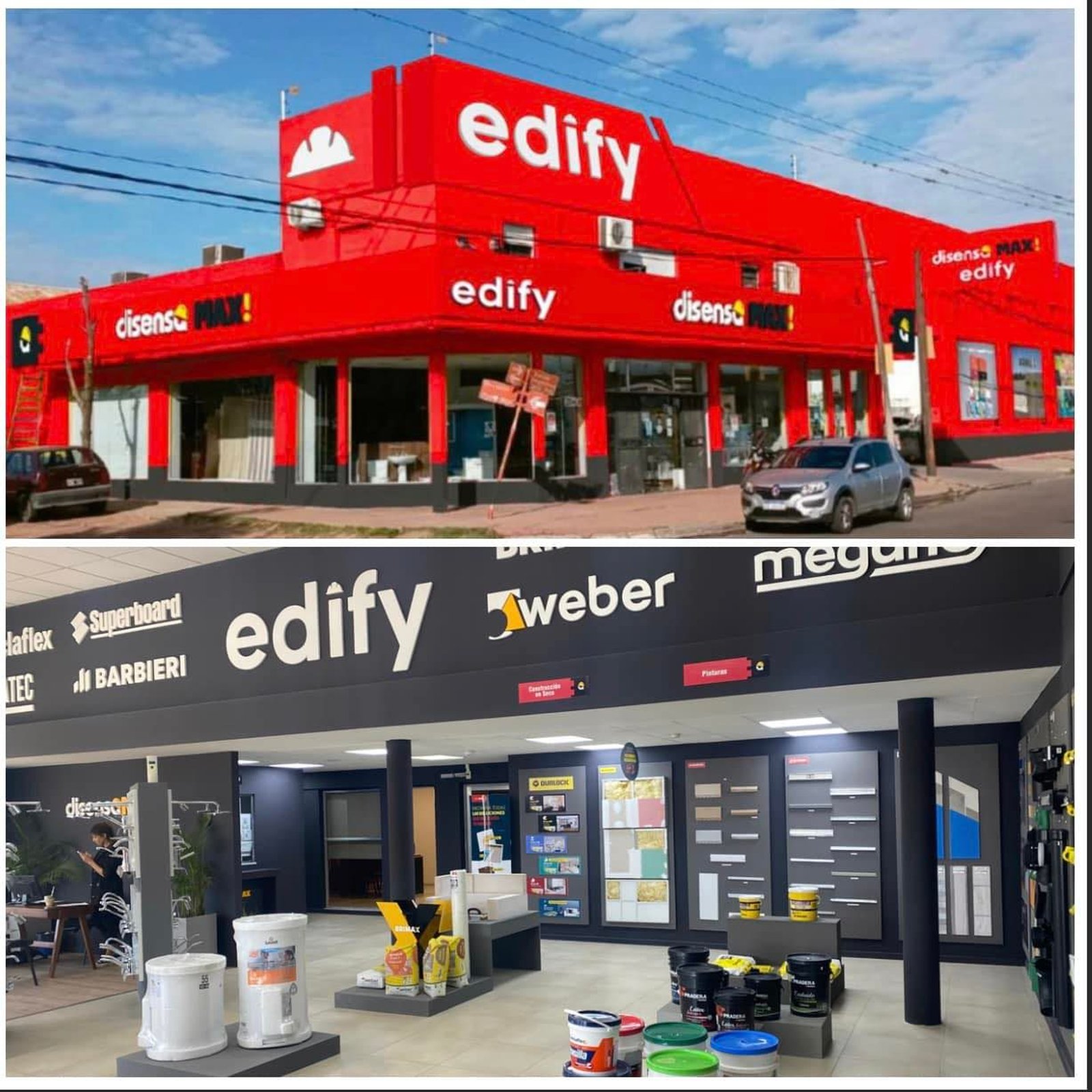 Fachada comercial roja con letras blancas y vidrieras — proyecto Edify Casa central. Local de venta de materiales de Construccion., por Arquitecto Gustavo Maidana, en Corrientes