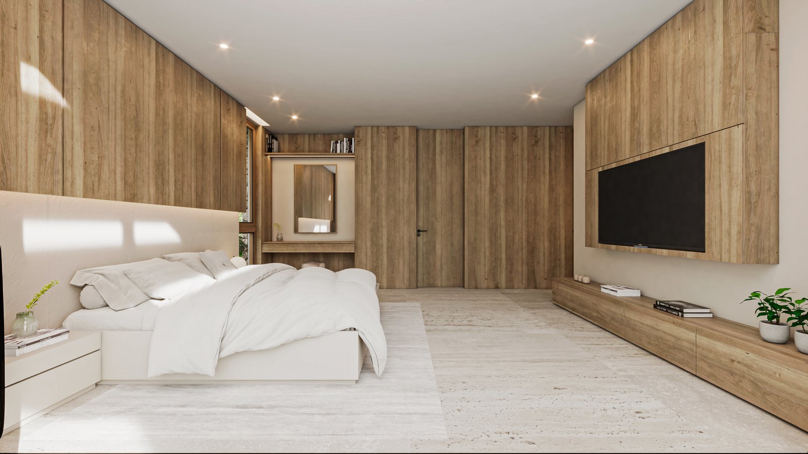 Dormitorio moderno con paredes de madera y luz cálida — proyecto Casa CITY, por Grupo CRBN, en City Bell
