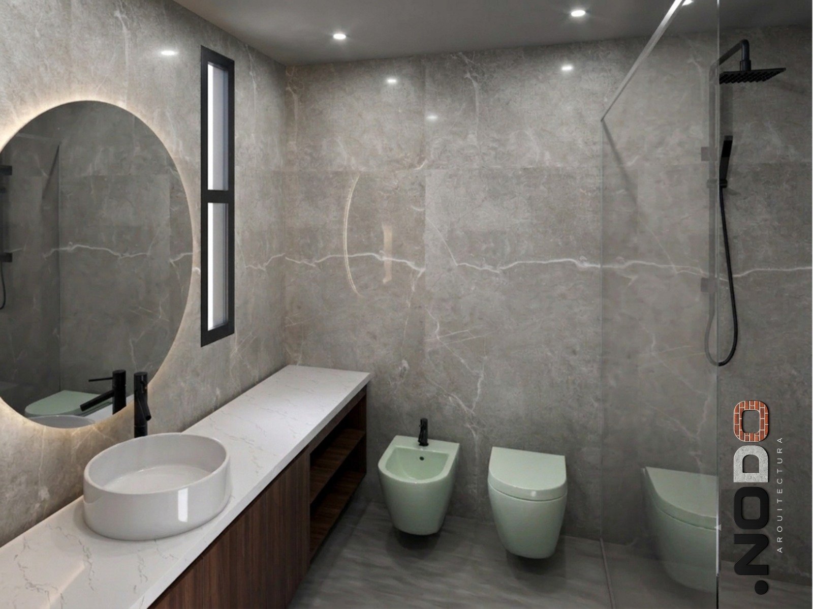 Baño moderno con revestimientos de mármol y vanitory flotante — proyecto Casa MC, por Punto Nodo arquitectura , en Chaco