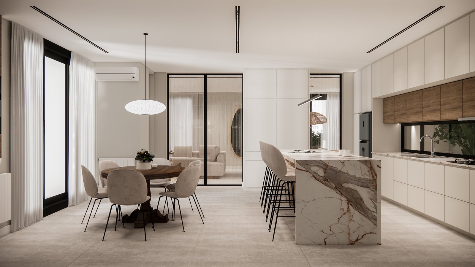Cocina y living comedor integrados, estilo moderno minimalista — proyecto Casa moderna con espacio de cocina integrada, por Mela Deco Design, en Buenos Aires