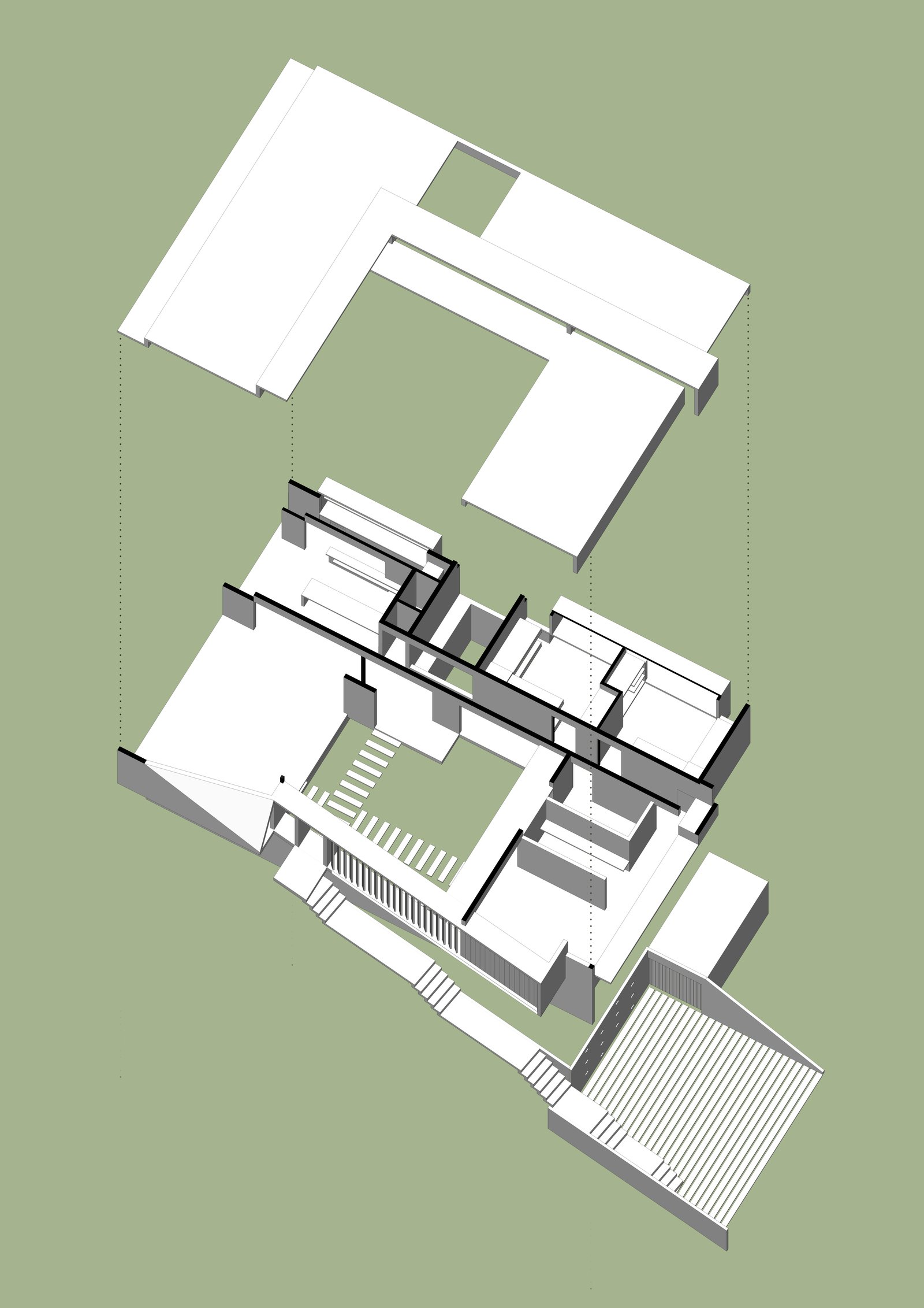 Render arquitectónico de casa moderna minimalista, vista isométrica explosionada — proyecto Casa Loma, por Besonías Almeida arquitectos, en X6VF+67