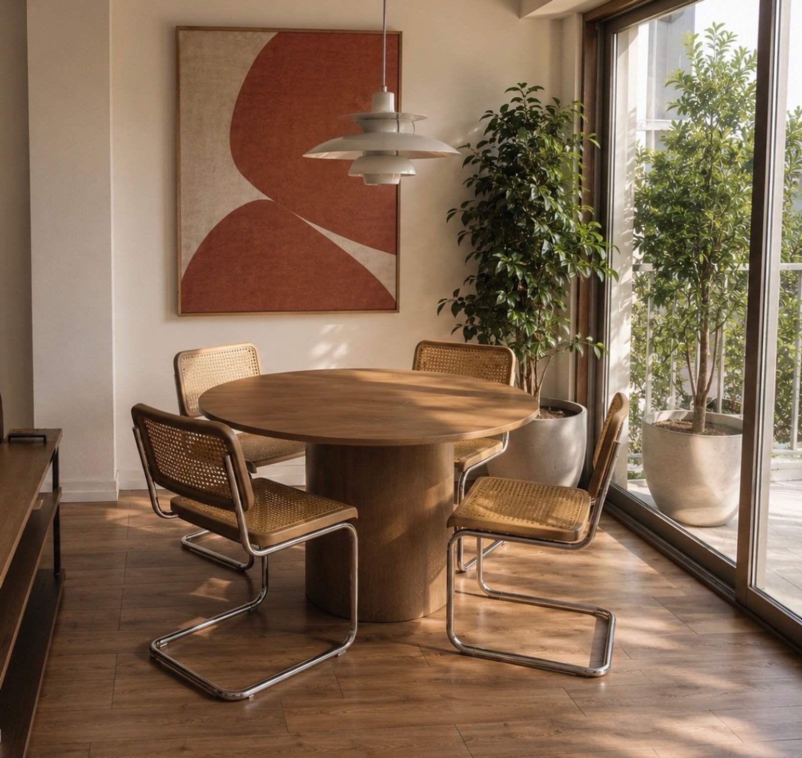 Sala de jantar moderna com mesa redonda de madeira e cadeiras metálicas — projeto Interiorismo living Casa H,La Plata, por Estudio cardo, em Av. 25 668