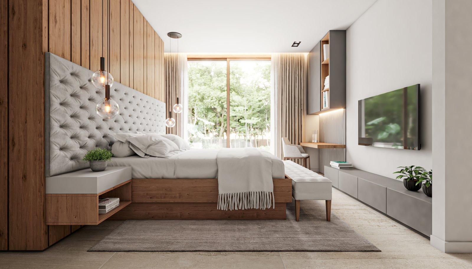 Dormitorio moderno con vista al bosque y detalles en madera — proyecto Casa BRAVA, por Grupo CRBN, en Alejandro Korn