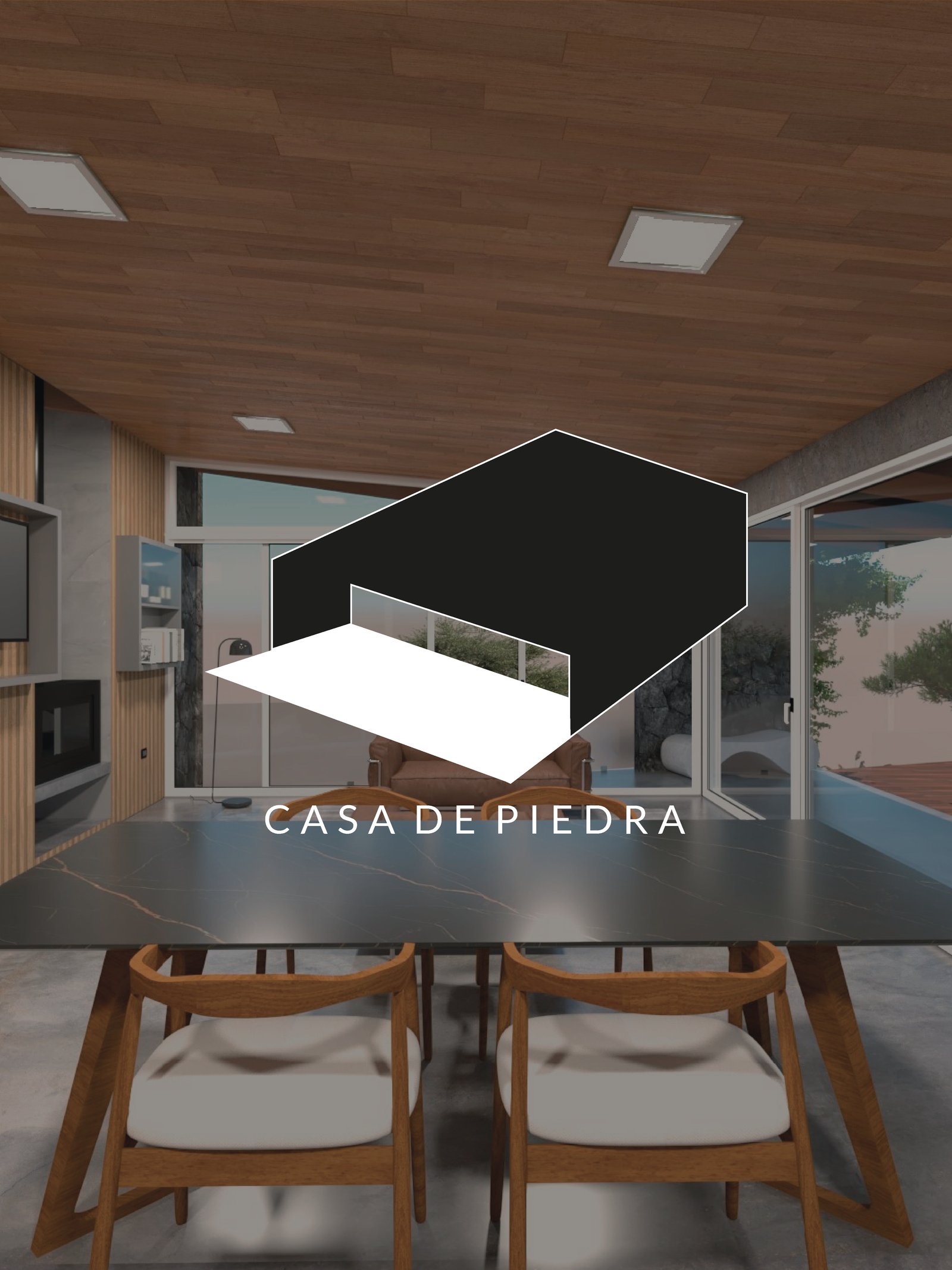 Sala de jantar moderna com mesa de pedra escura e teto de madeira — projeto Casa de Piedra, por Ignacio Pandolfi Arq., em La Falda