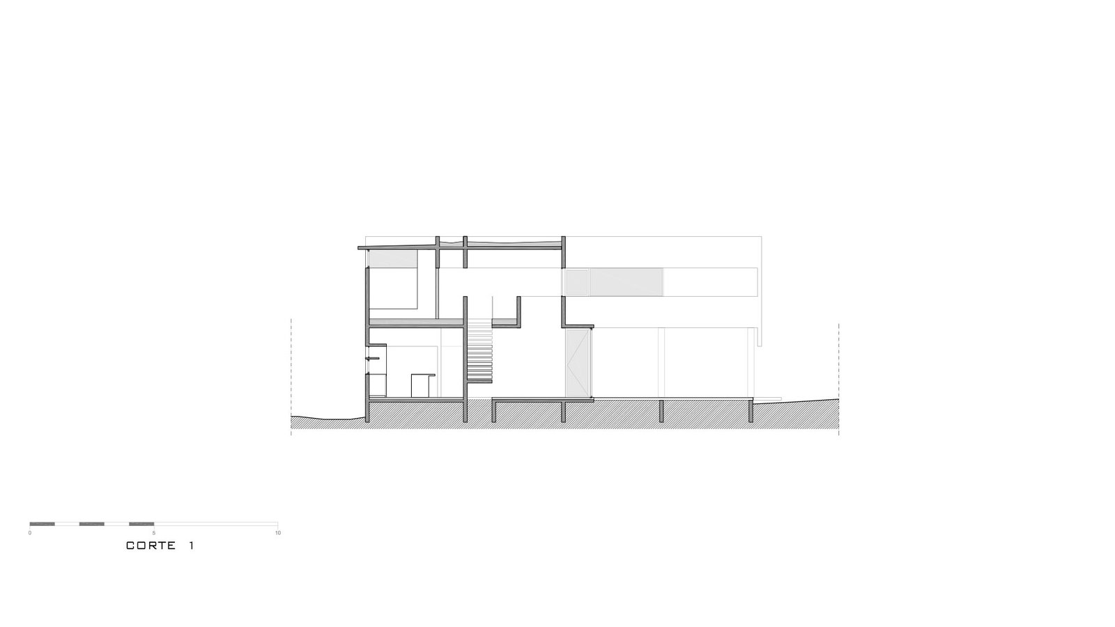 Plano arquitectónico de edificio con superficies de concreto — proyecto Casa 4H, por Besonías Almeida arquitectos, en X6VF+67