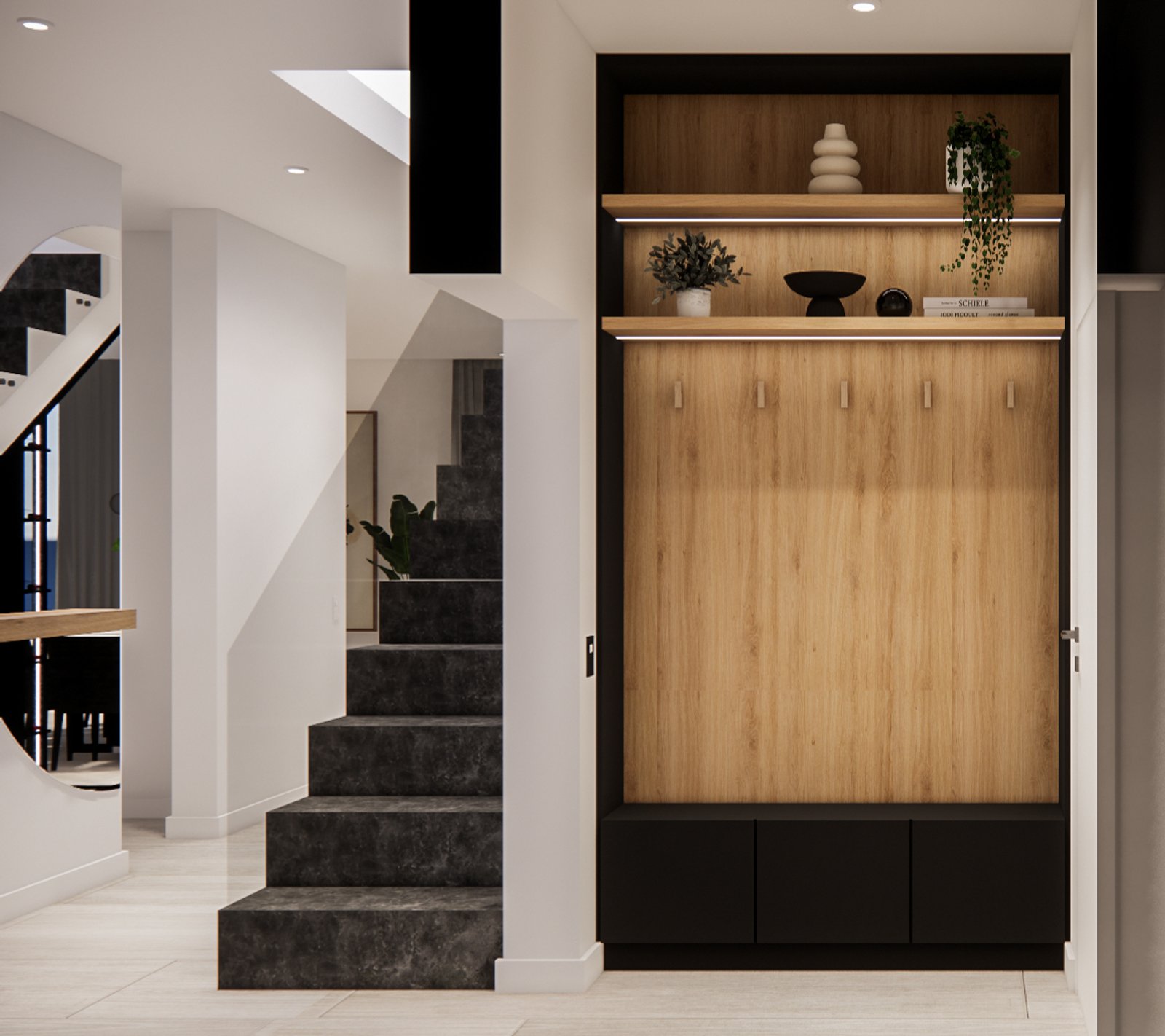 Corredor moderno com escadas, painéis de madeira e piso de pedra — projeto Diseño de casa contemporánea y elegante, por Mela Deco Design, em Buenos Aires