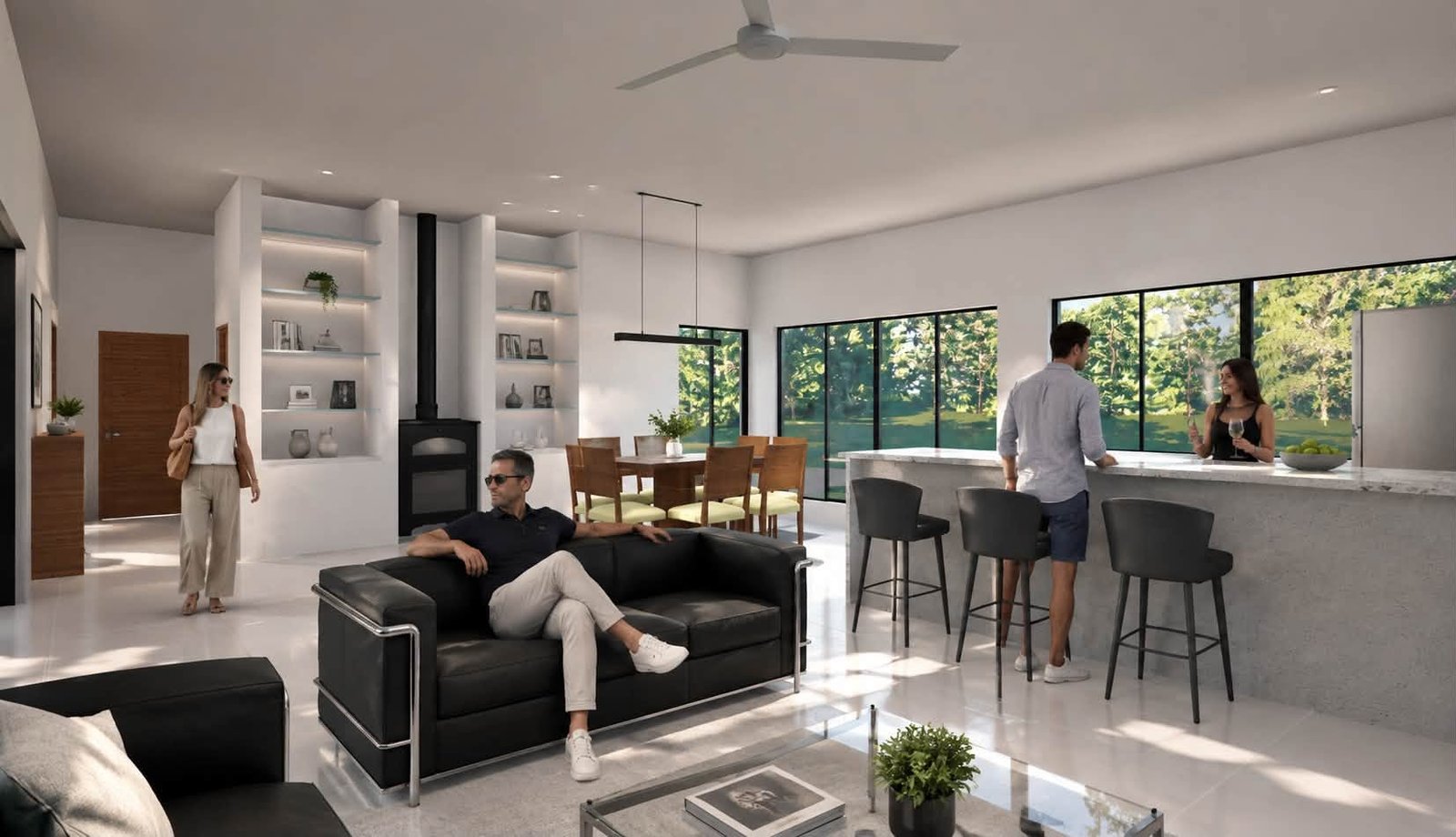 Living comedor moderno con barra y vista al exterior — proyecto Casa en el Bosque, por Arquitecto Gustavo Maidana, en Santa Ana de los Guácaras