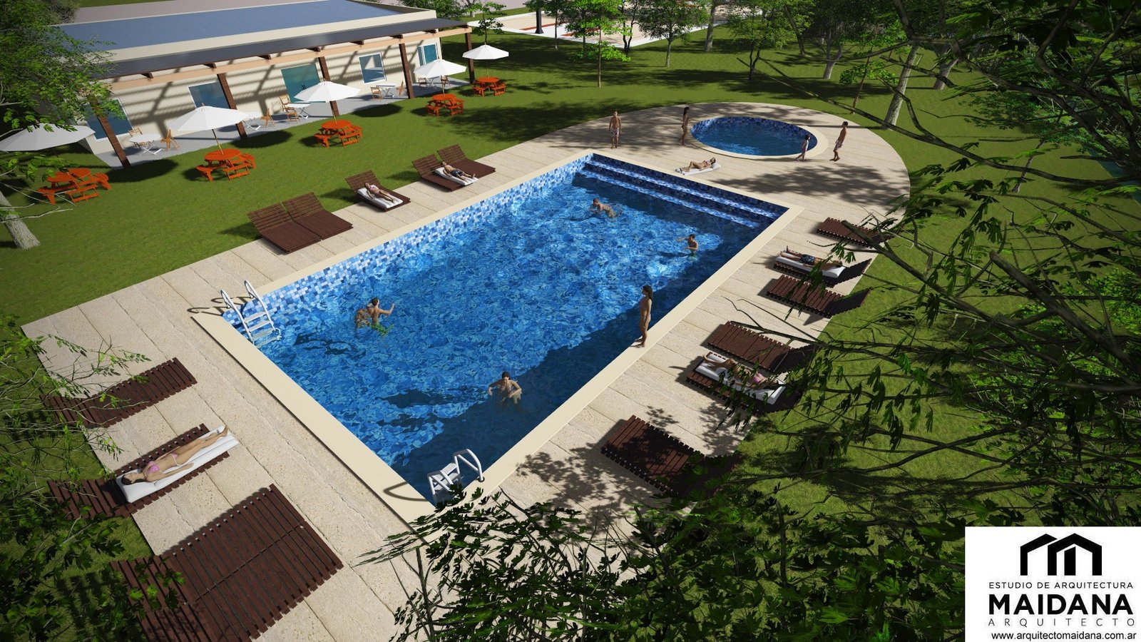 Piscina infinita moderna rodeada de deck de madera y vegetación exuberante — proyecto Complejo turístico, sindicato de cerveceros Corrientes., por Arquitecto Gustavo Maidana, en Pa