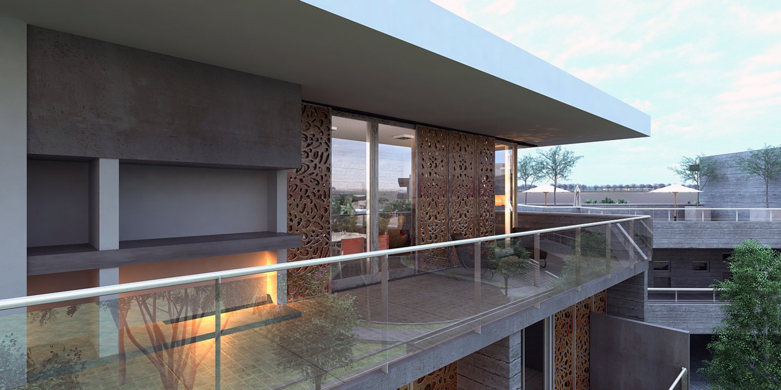 Varanda moderna com fachada texturizada e guarda-corpo de vidro — projeto CONSORCIO MULTIFAMILIAR, por ML ARQUITECTURA / ARQ. MARIANO LEOTTA, em Rivadavia