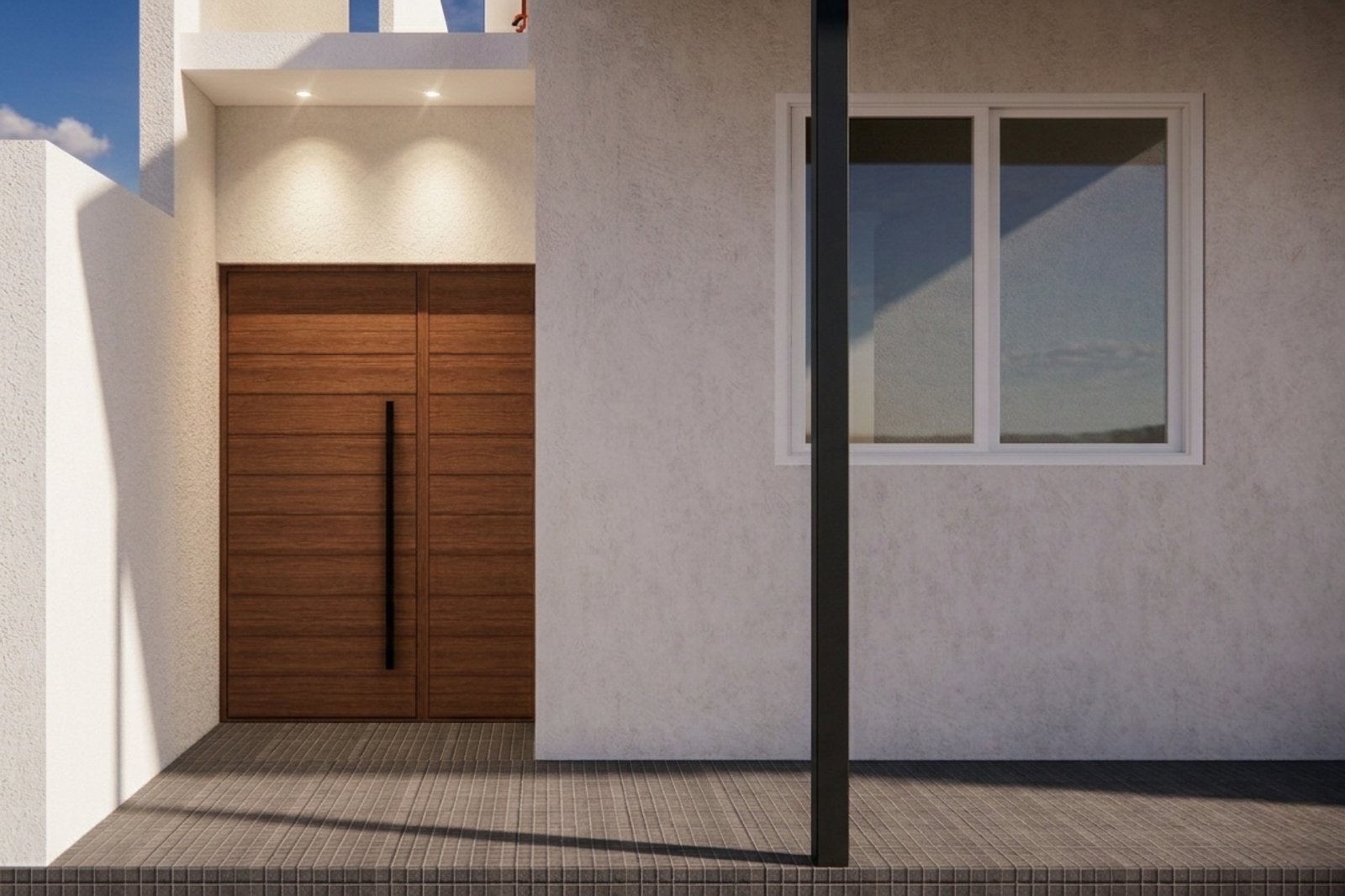 fachada moderna con puerta doble de madera — proyecto Diseño cálido de patio, por Mela Deco Design, en Buenos Aires
