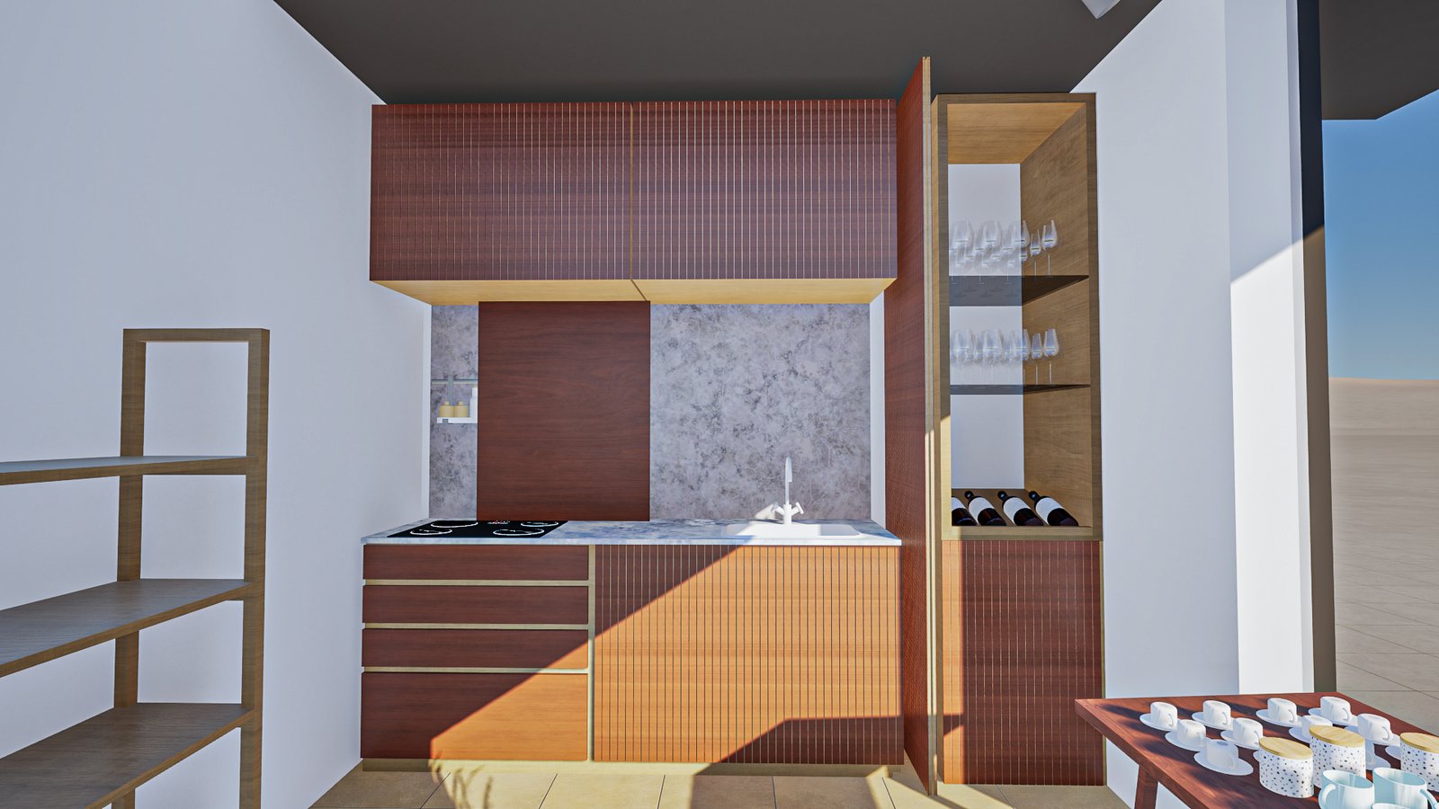 Cocina moderna con muebles de listones de madera terracota y estanterías integradas — proyecto PROYECTO SHOWROOM, por TD Interiorismo, en San Fernando del Valle de Catamarca