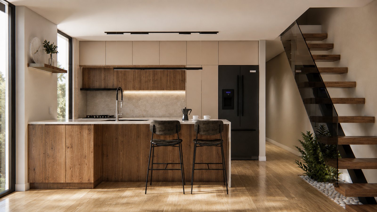 Cocina moderna de planta abierta con isla y detalles en madera — proyecto Diseño contemporaneo de cocina, living, comedor integrados , por Mela Deco Design, en Buenos Aires