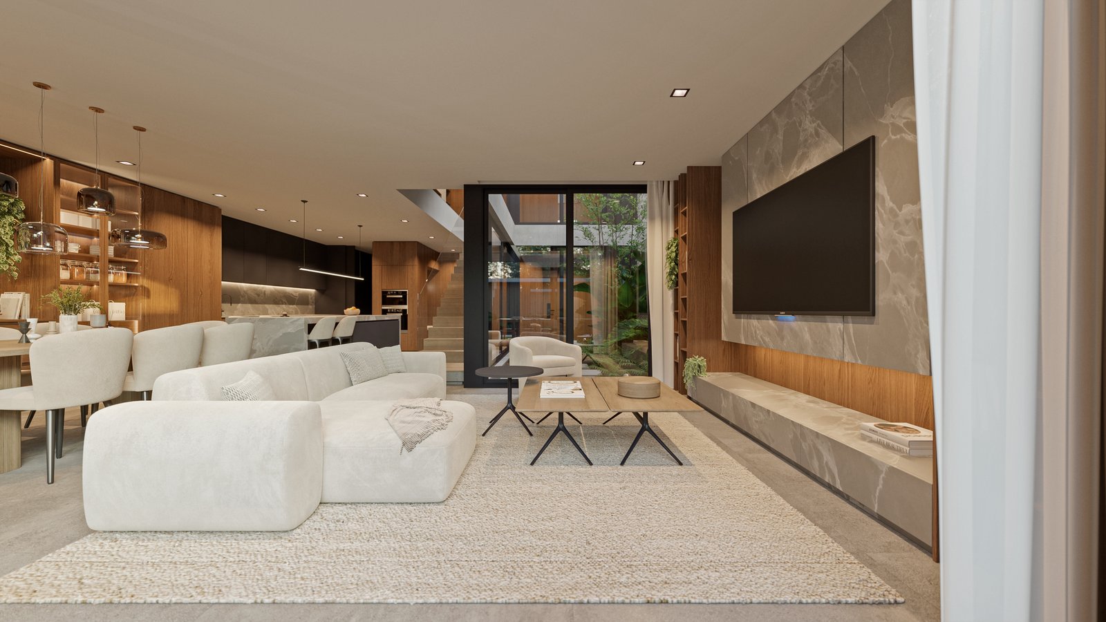 Living moderno con ventanales y sofá blanco amplio — proyecto Casa IZA, por Grupo CRBN, en Villa Urquiza