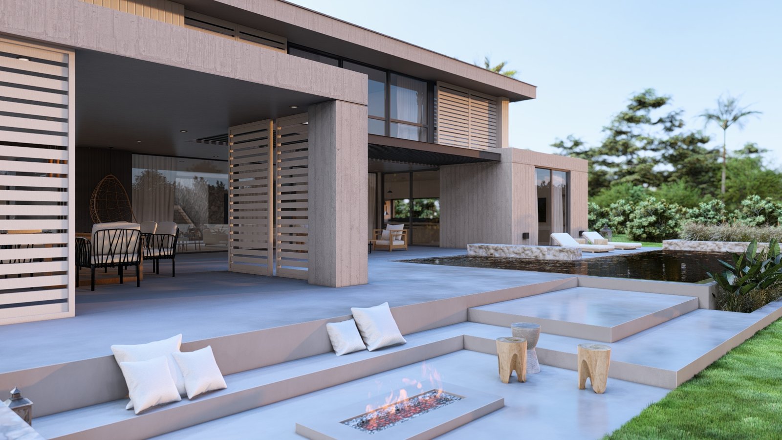 patio moderno minimalista con piscina y muebles de hormigón — proyecto Casa BF, por Hermann Arquitectos, en Nordelta