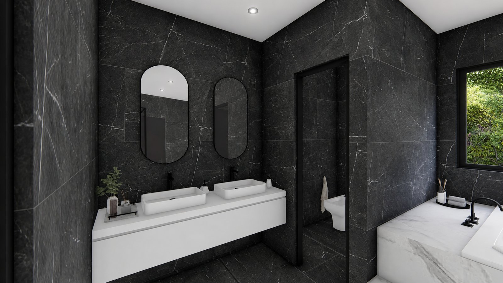 baño moderno de mármol negro con vanitory flotante blanco — proyecto Casa Ávalos, por WILSON ARQUITECTURA, en Ingeniero Maschwitz