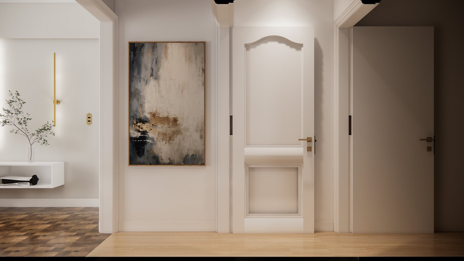 Pasillo moderno con obra de arte abstracta y puertas blancas — proyecto Diseño elegante de living , por Mela Deco Design, en Buenos Aires