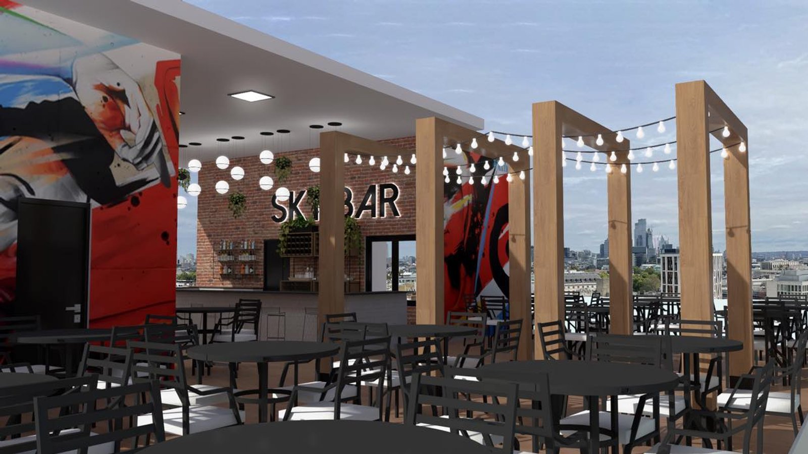 terraza de bar al aire libre con mural y luces colgantes — proyecto Edificio de departamentos con resto Bar en roftop., por Arquitecto Gustavo Maidana, en Caá Catí