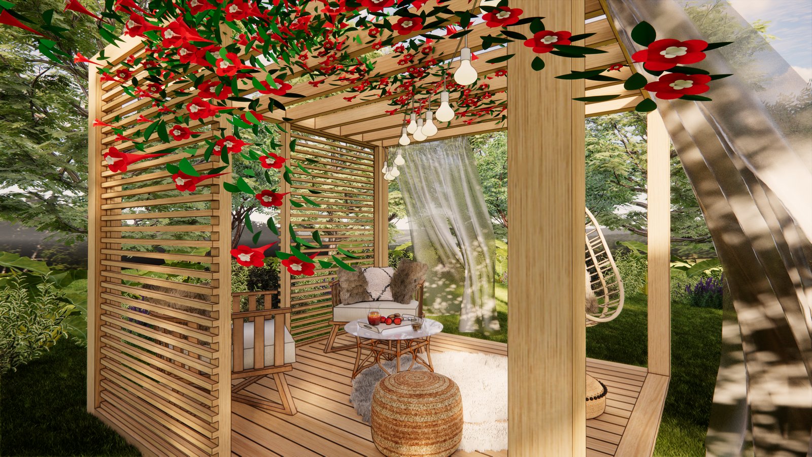 Patio boho con muebles de ratán y plantas colgantes — proyecto PROYECTO LUND, por Todo con A, en Villa del Rosario