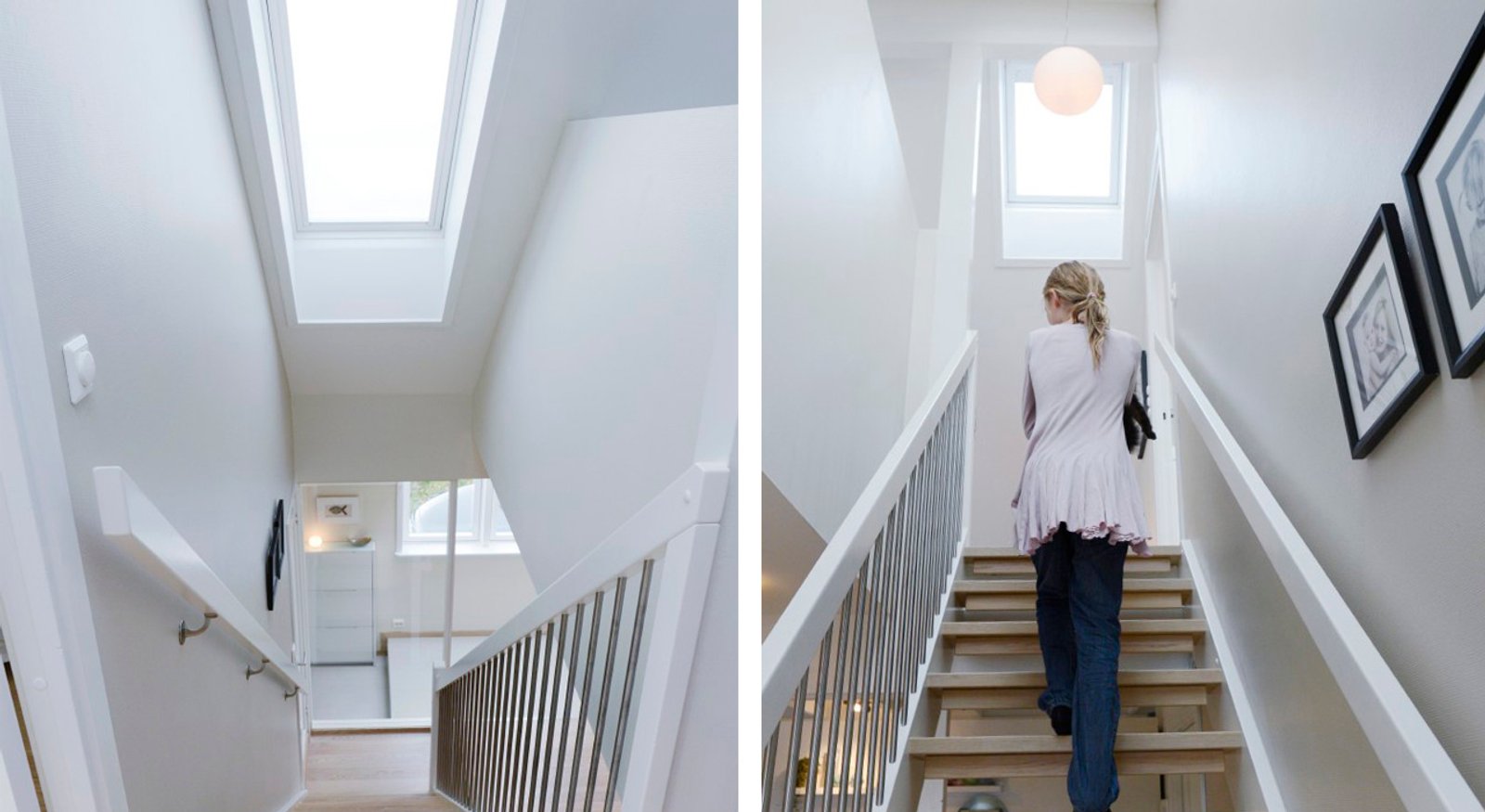 Escalera flotante minimalista con claraboya — proyecto Pasillo, por VELUX
