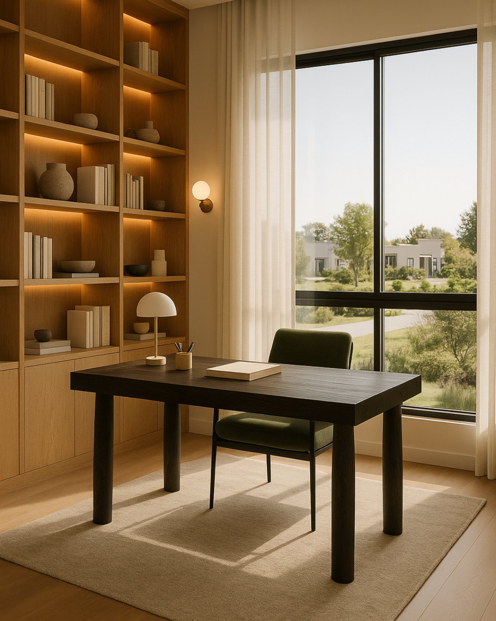 Oficina moderna con estanterías iluminadas y gran ventanal — proyecto Escritorio Cardales, por Casa Rosa Estudio, en B2814 Los Cardales