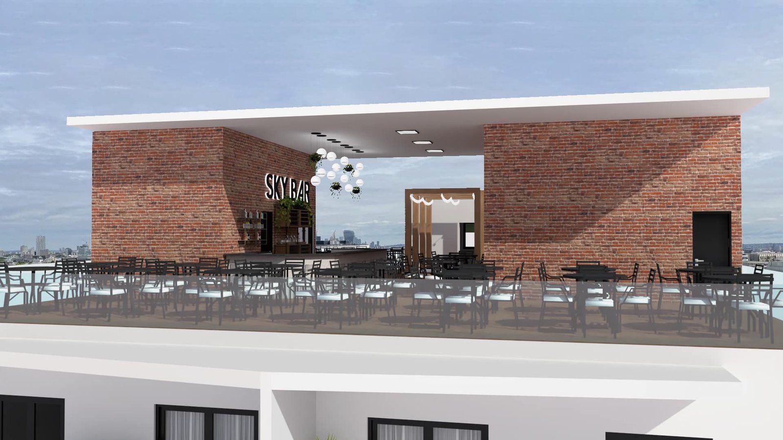 Terraço de bar na cobertura com pérgola e vista urbana — projeto Edificio de departamentos con resto Bar en roftop., por Arquitecto Gustavo Maidana, em Caá Catí