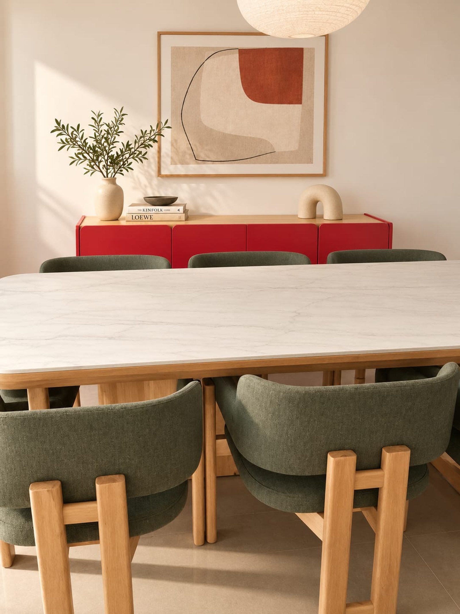 Comedor moderno con mesa de mármol, sillas verdes y mueble rojo — proyecto Proyecto Andonaegui - Diseño y ejecución integral living , por MJS INTERIOR DESIGNER, en Villa Urquiza
