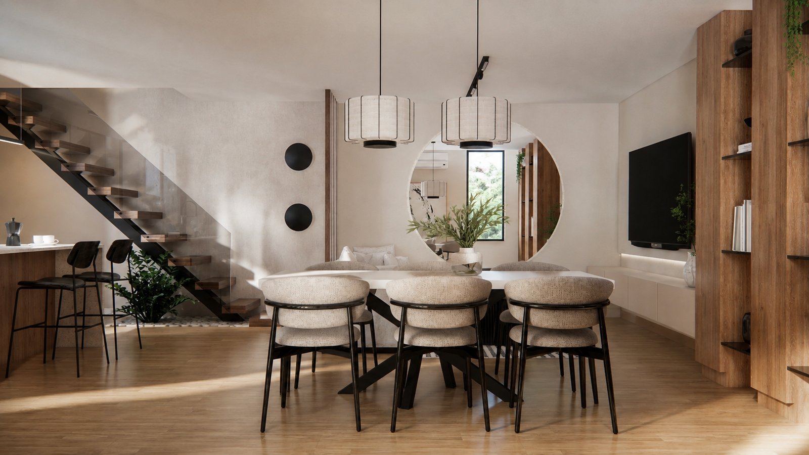 Comedor moderno escandinavo con mesa de madera y sillas tapizadas — proyecto Diseño contemporaneo de cocina, living, comedor integrados , por Mela Deco Design, en Buenos Aires