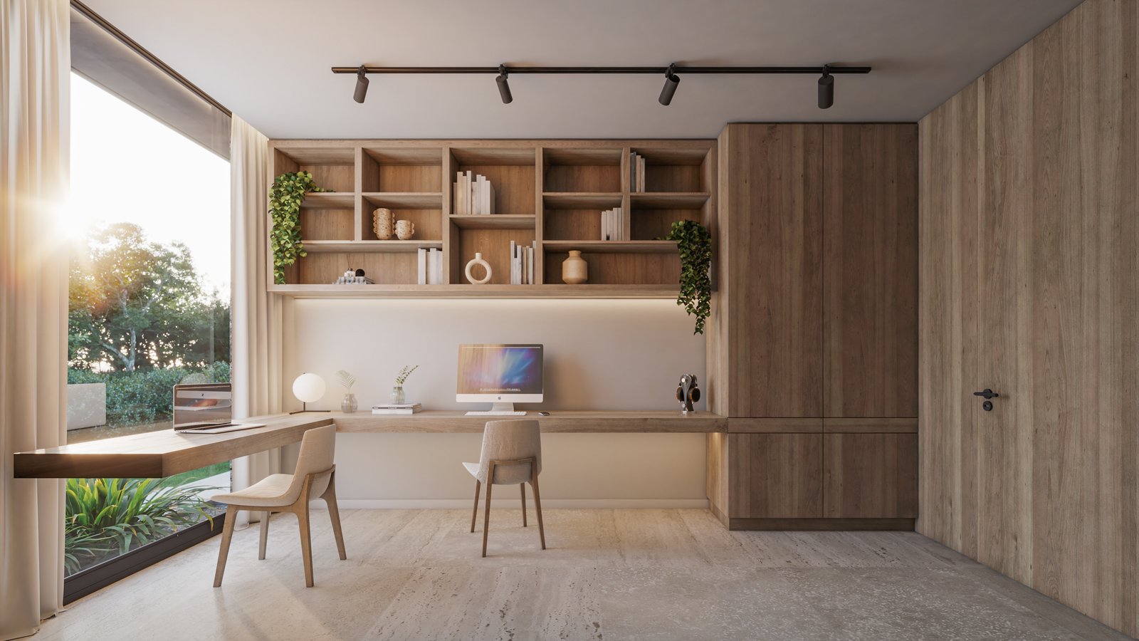 Oficina moderna con ventana de piso a techo y estanterías de madera integradas — proyecto Casa GOLF, por Grupo CRBN, en Ruta Panamericana Nº. 9