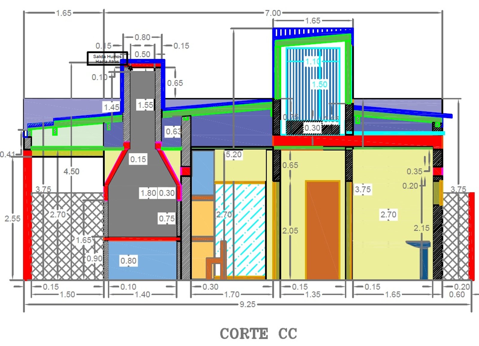 Plano arquitectónico de corte transversal con dimensiones detalladas — proyecto VIVIENDA CARO - LOMA LINDA, por Ingeniero Fernando MARTIN, en Sto Domingo 2905