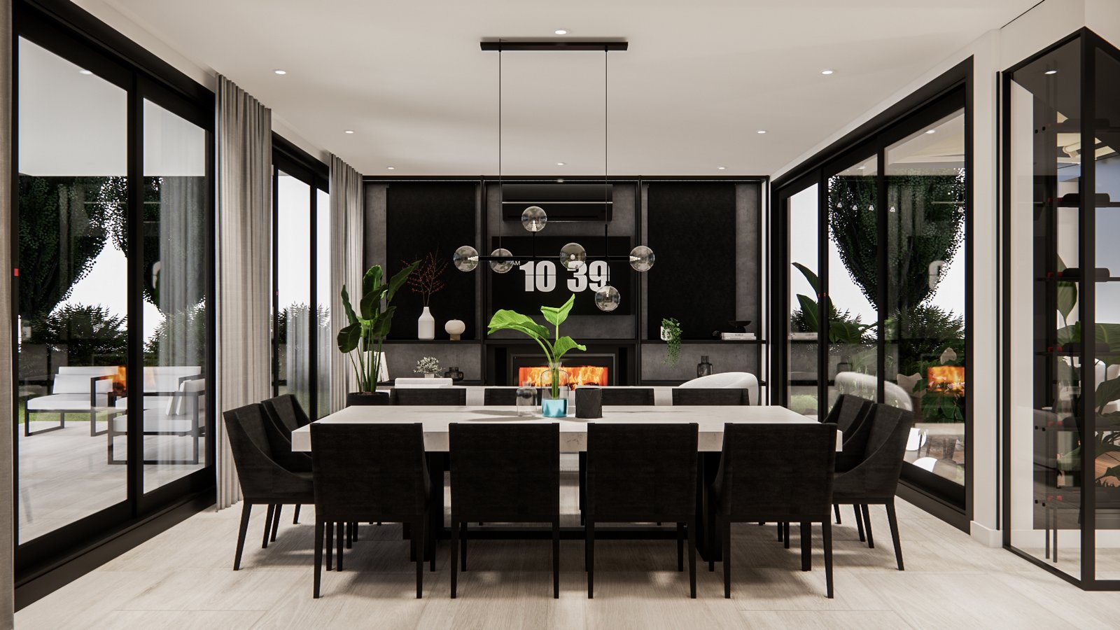 Comedor moderno abierto con chimenea y ventanales — proyecto Diseño de casa contemporánea y elegante , por Mela Deco Design, en Buenos Aires