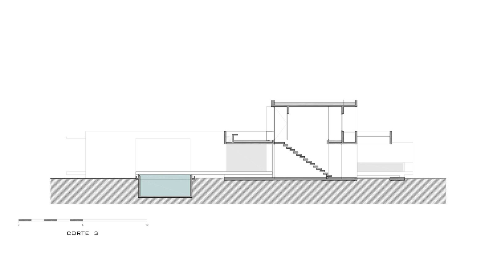 Corte arquitectónico de vivienda moderna con piscina — proyecto Casa Leloir, por Besonías Almeida arquitectos, en Parque Leloir