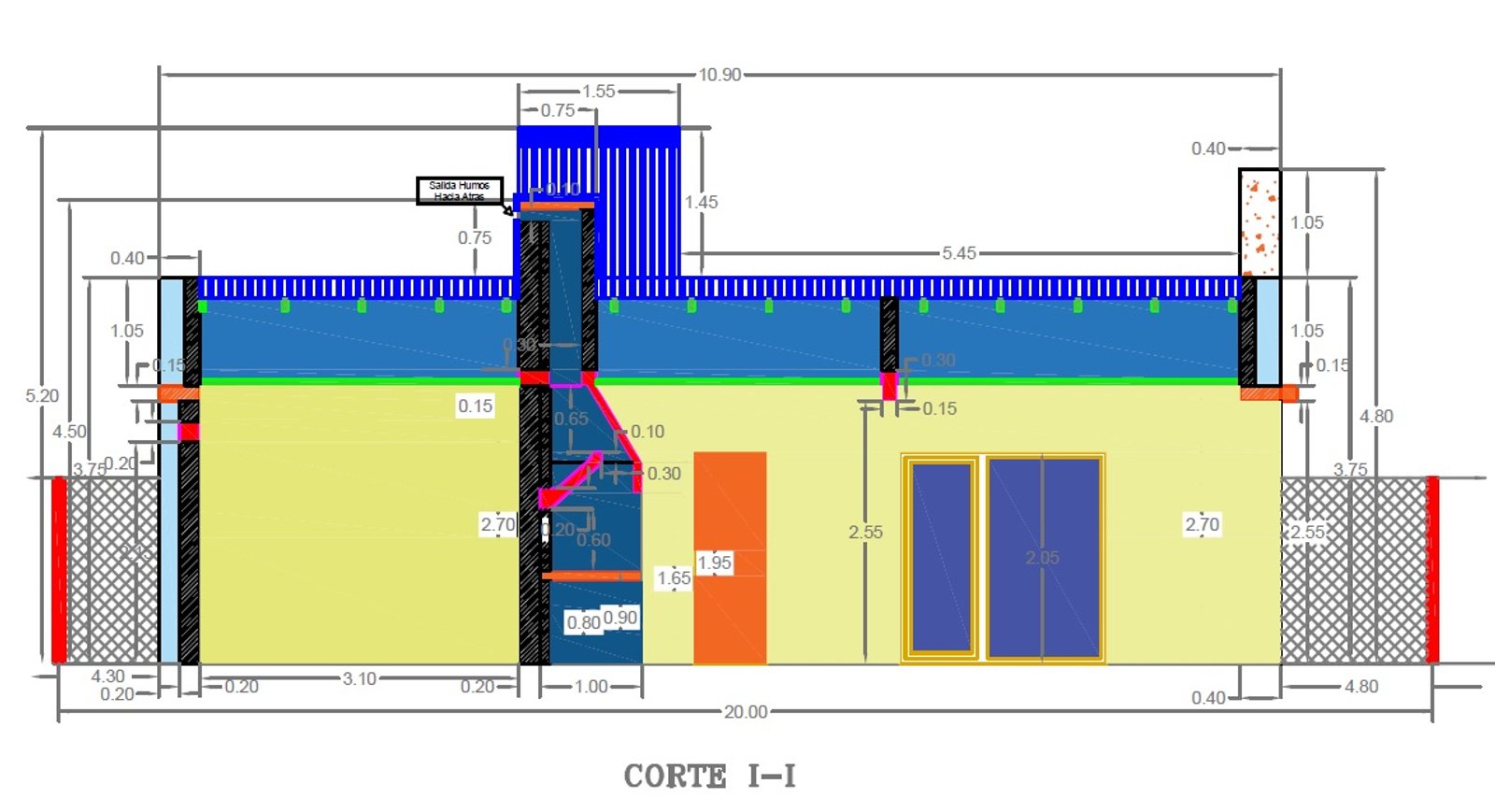 corte arquitectónico a dos aguas con cotas y colores — proyecto VIVIENDA CARO - LOMA LINDA, por Ingeniero Fernando MARTIN, en Sto Domingo 2905