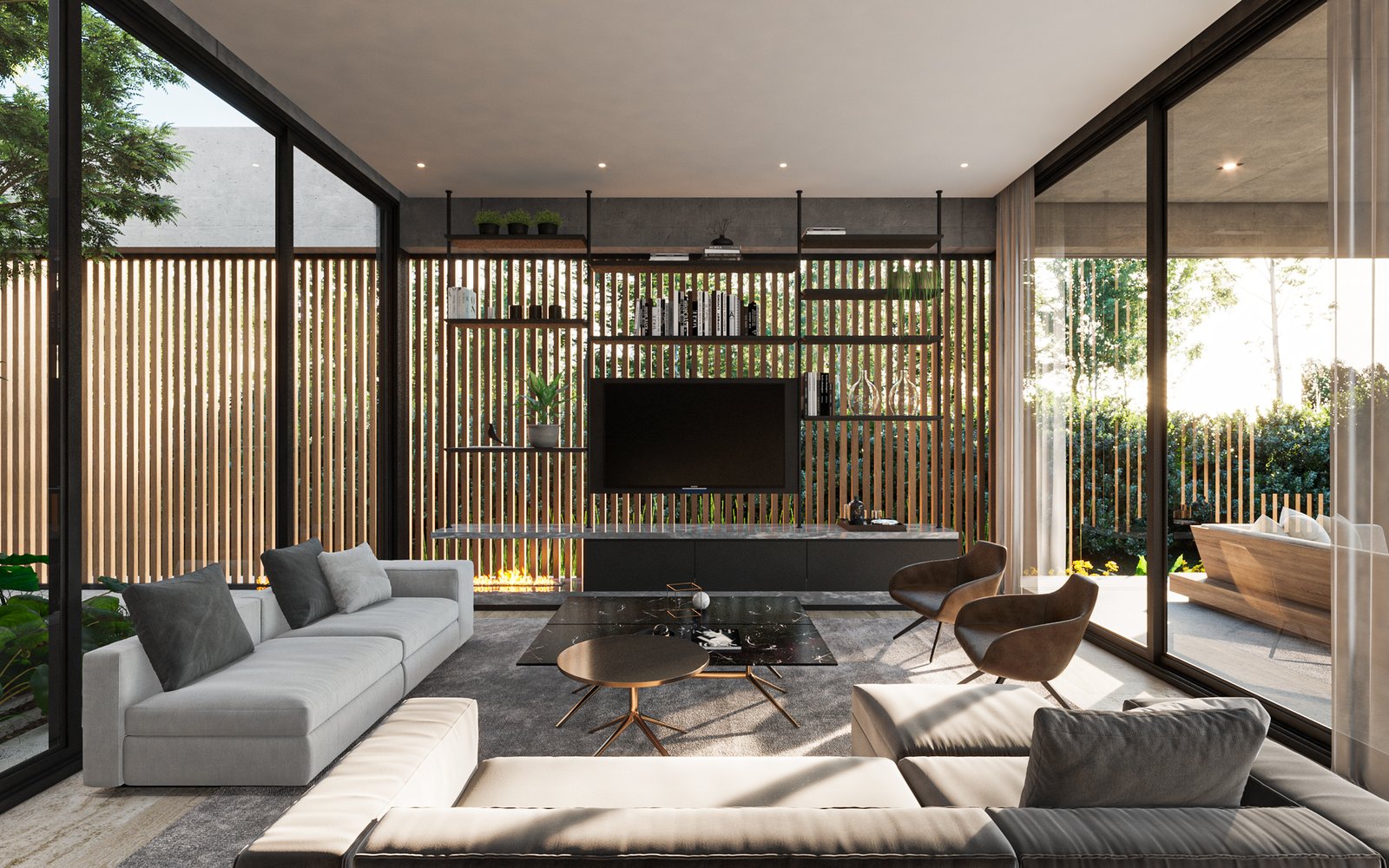 Living moderno con ventanales y detalles en madera — proyecto Casa PUERTOS, por Grupo CRBN, en Provincia de Buenos Aires
