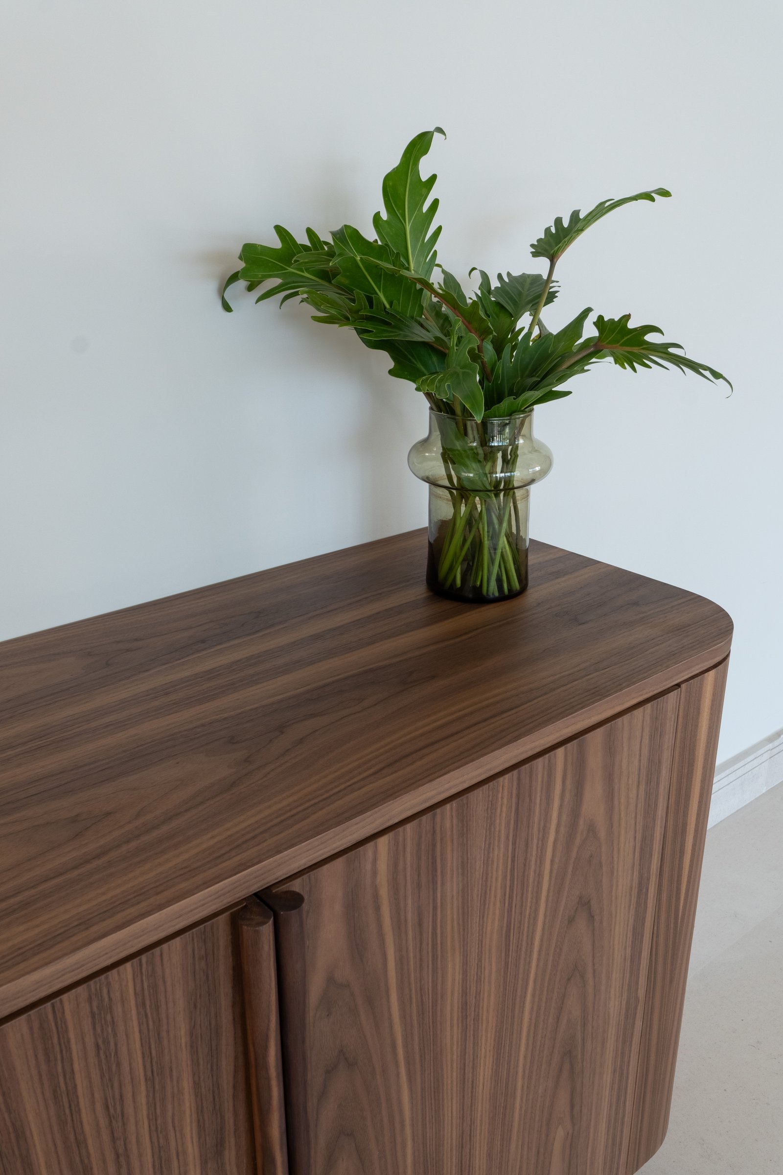 Mueble curvo de madera oscura con plantas en sala minimalista — proyecto Albanueva , por ABEJA CONCEPT, en Av. Sta. María de las Conchas 4249