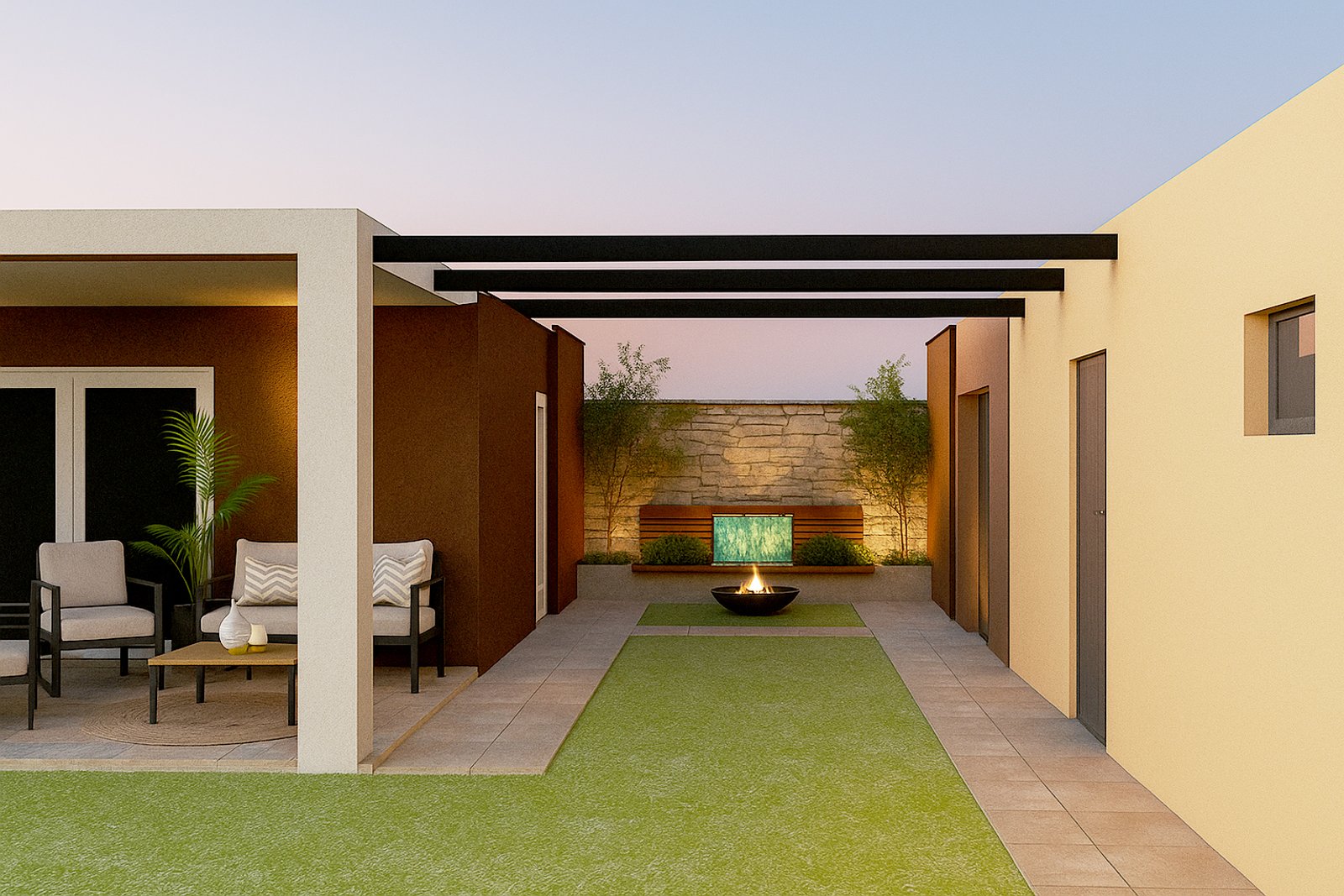 Patio moderno con pérgola, fuego y muebles minimalistas — proyecto Armonia integral premium, por GV neuroarquitectura e interiorismo+confort, en Ticino