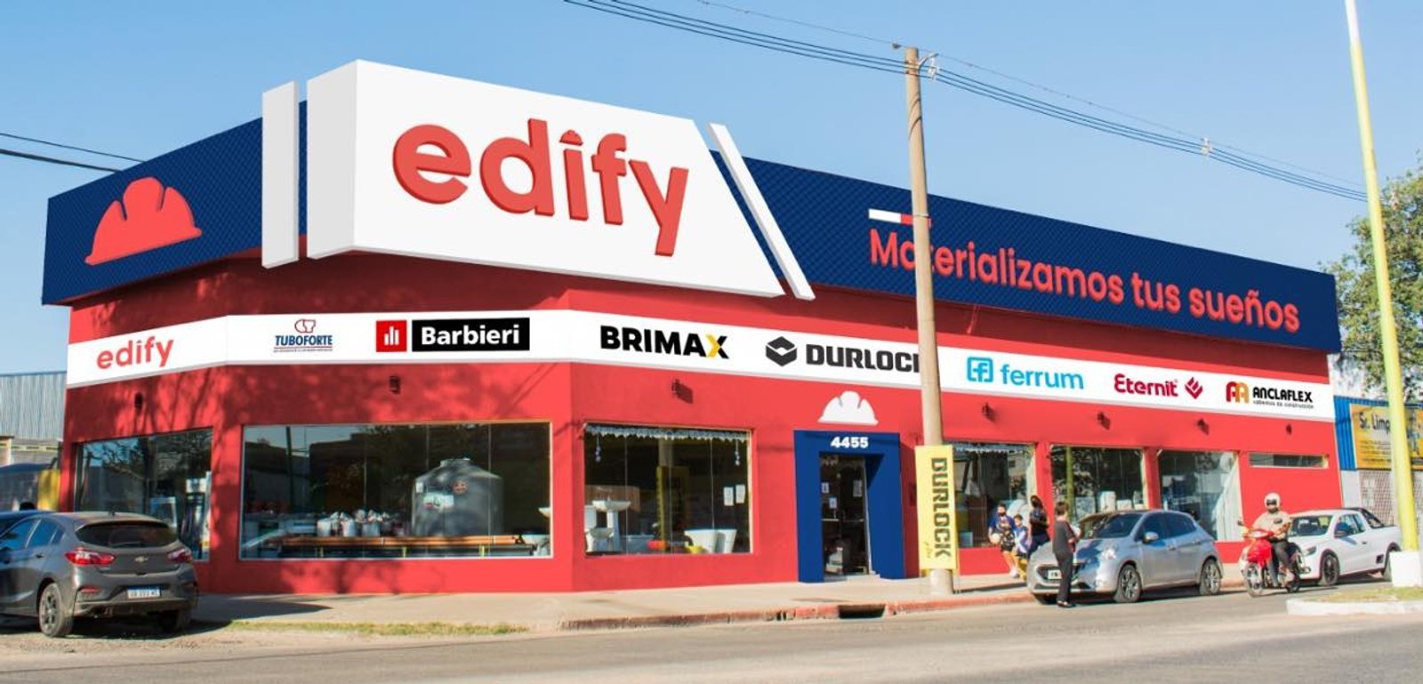Fachada de edificio comercial con señalética brillante 'edify' — proyecto Edify Corrientes, Casa de Materiales de Construccion., por Arquitecto Gustavo Maidana, en Corrientes