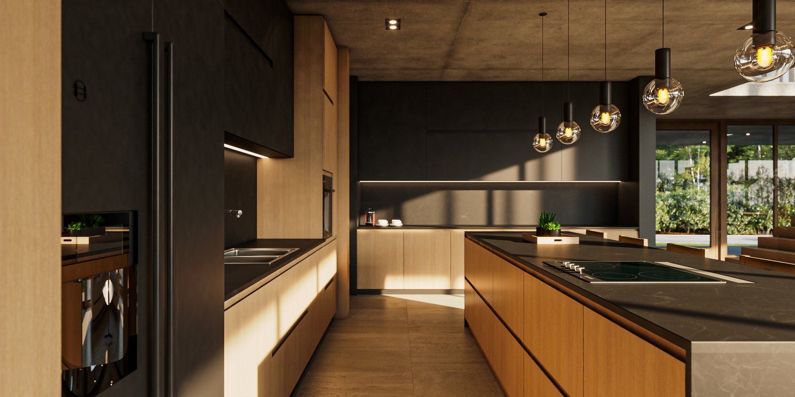 Cozinha moderna com ilha curva, ilha de madeira, iluminação pendente e contraste de materiais — projeto Casa BRIDGE, por Grupo CRBN, em Av. de los Lagos 1815