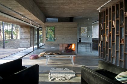 Living contemporáneo con hogar central, hormigón visto y grandes ventanales — proyecto Casa Valeria, por Luciano Kruk