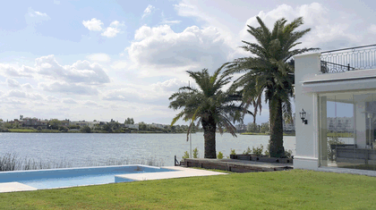 Piscina moderna frente al lago con palmeras — proyecto CASA NORDELTA, por Alejandra Pan Arquitectura, en Nordelta