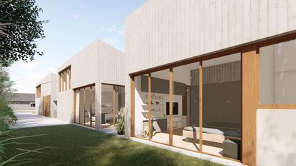 Casa contemporánea con fachada blanca y estructura de madera natural — proyecto Casa Andarivel, por Grupo Studio, en Ciudad de Córdoba