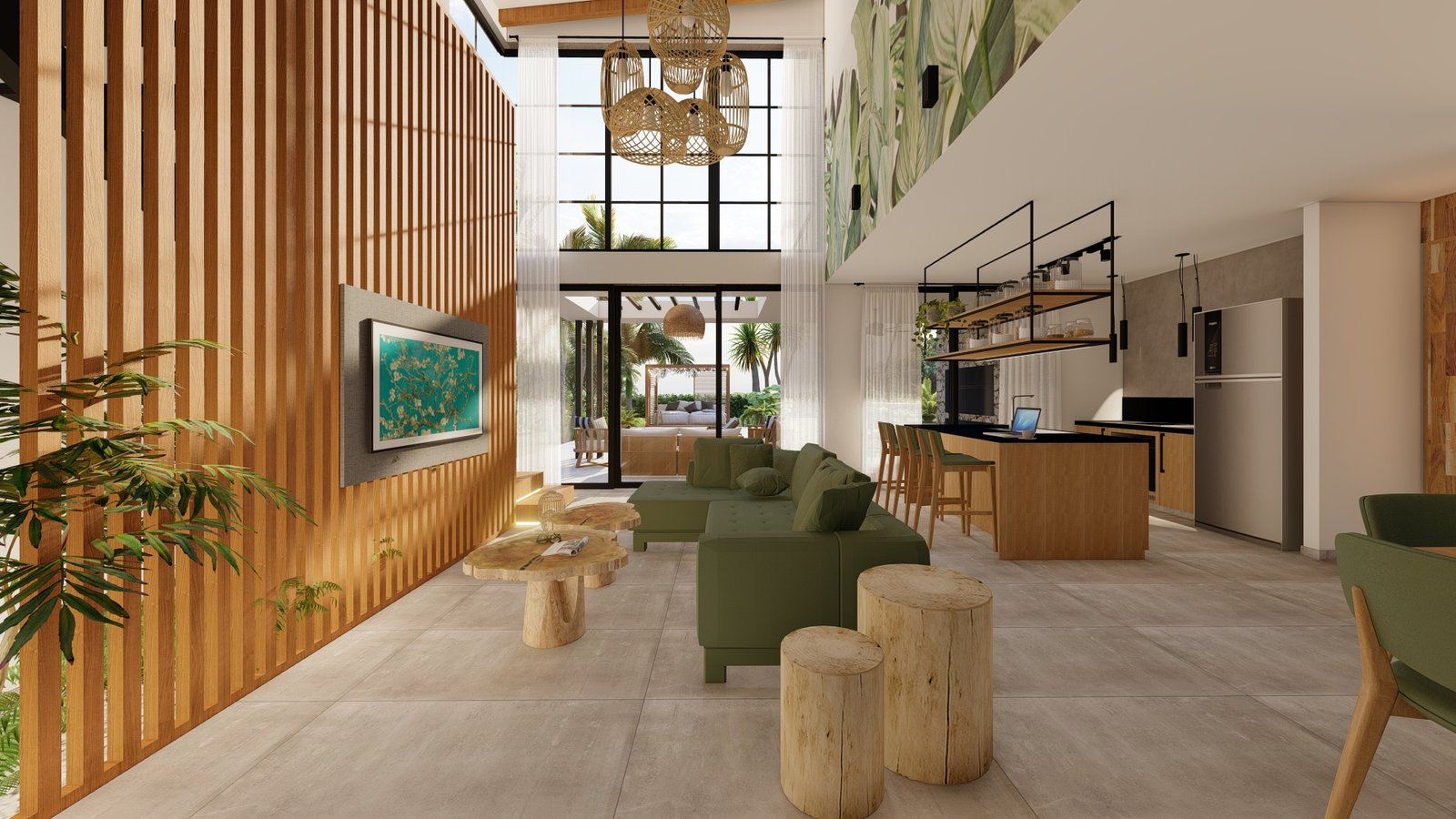 Living moderno con doble altura y pared de listones de madera — proyecto Casa Tulum, por vetainteriores, en Pergamino
