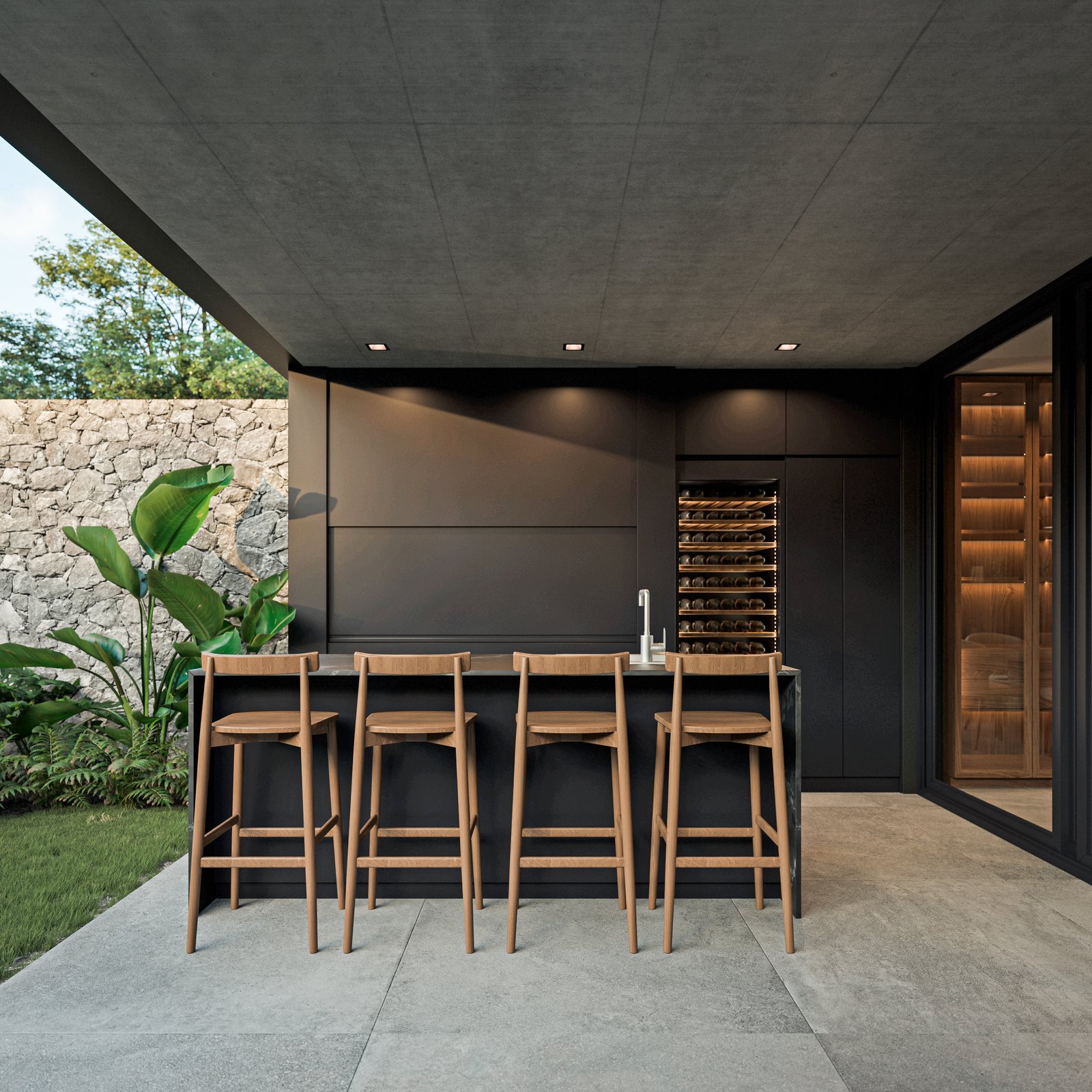 Patio moderno con barra, cava de vinos y parrilla — proyecto Casa IZA, por Grupo CRBN, en Villa Urquiza