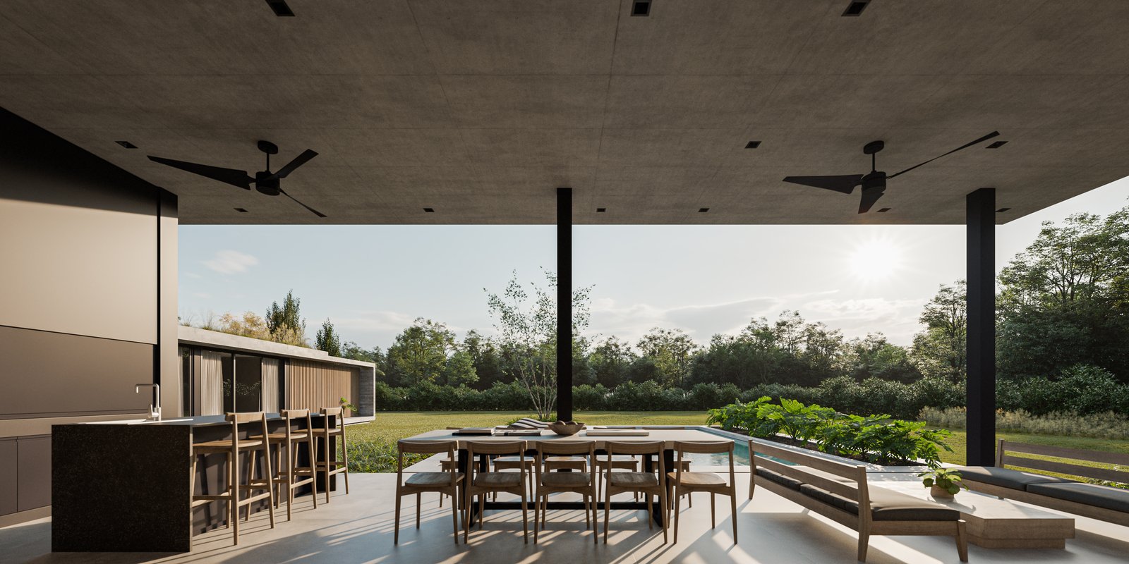 Terraza moderna con isla de cocina y vista al campo — proyecto Casa LAZO, por Grupo CRBN, en B2812 Exaltación de la Cruz