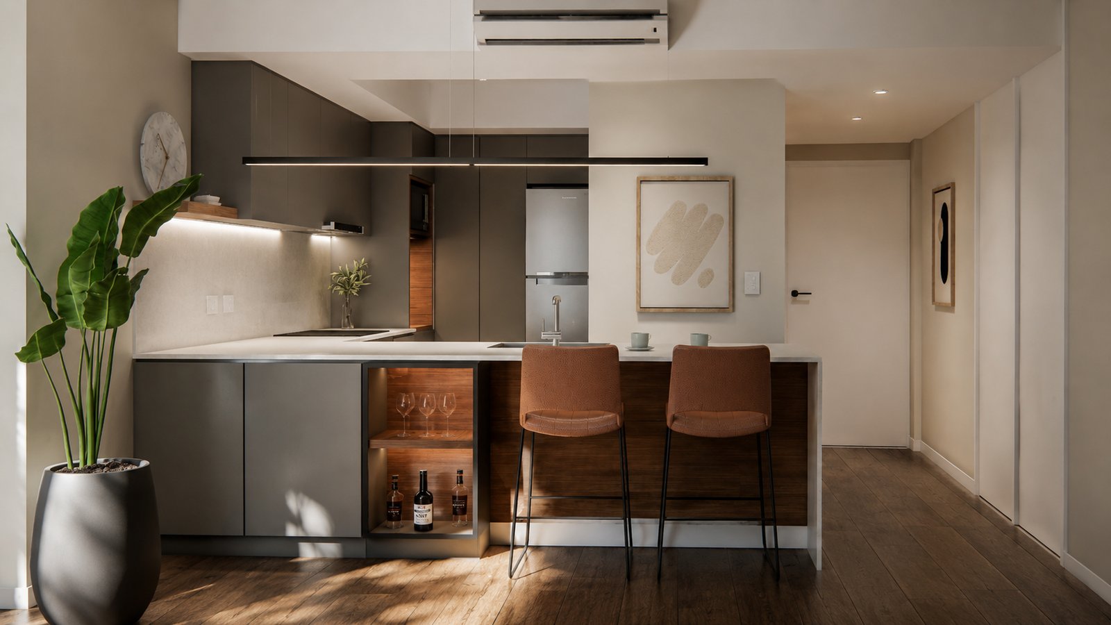 Cozinha moderna com ilha e detalhes em madeira — projeto Diseño de departamento juvenil, por Mela Deco Design, em Buenos Aires